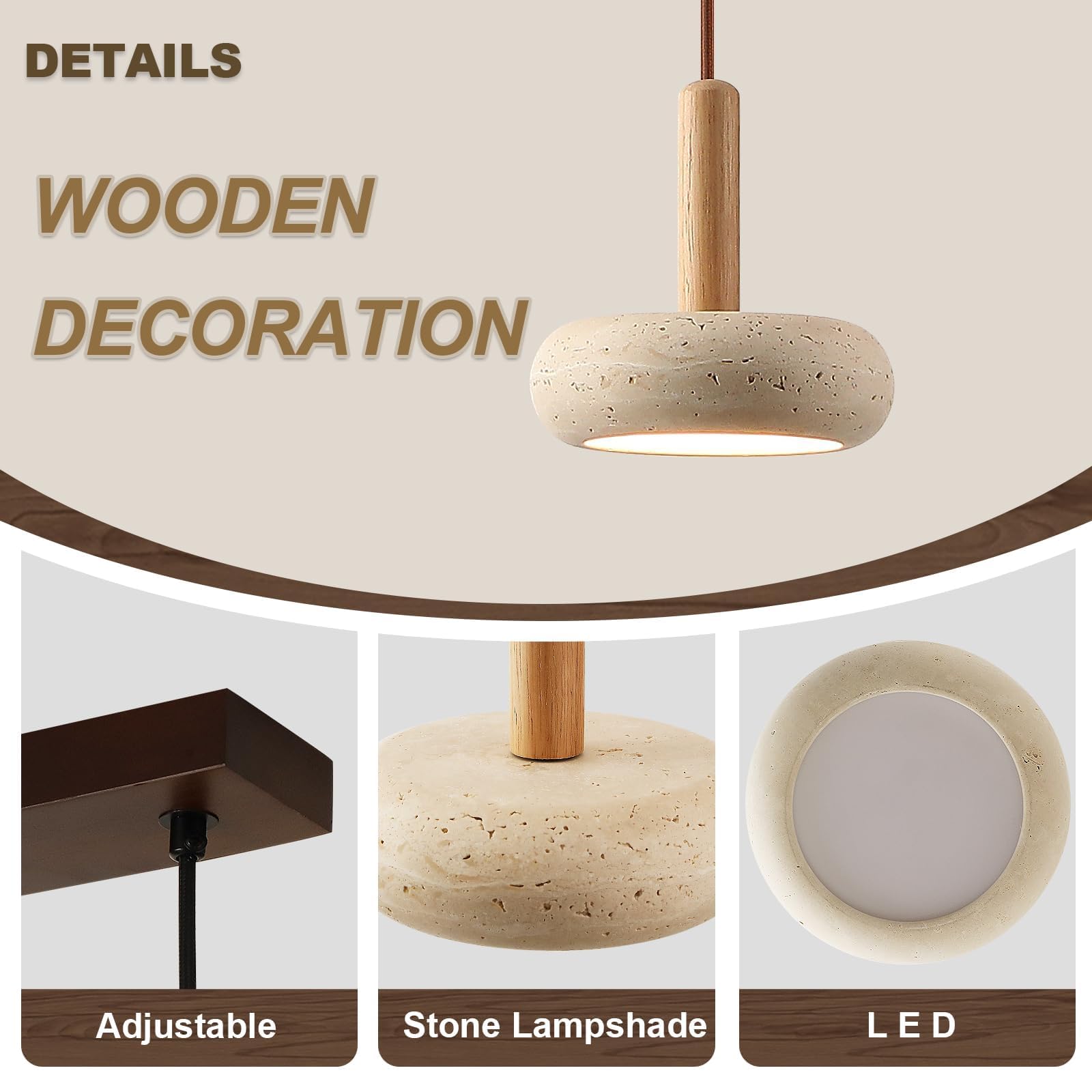 Lustre Suspendu LED 3 Têtes Style Japonais Wabi Sabi Luminaire Travertin Jaune Luminaires Bois Hauteur Réglable Lustres Moderne Adapté Au Salon Cuisine Chambre Salle À Manger Tige En bois