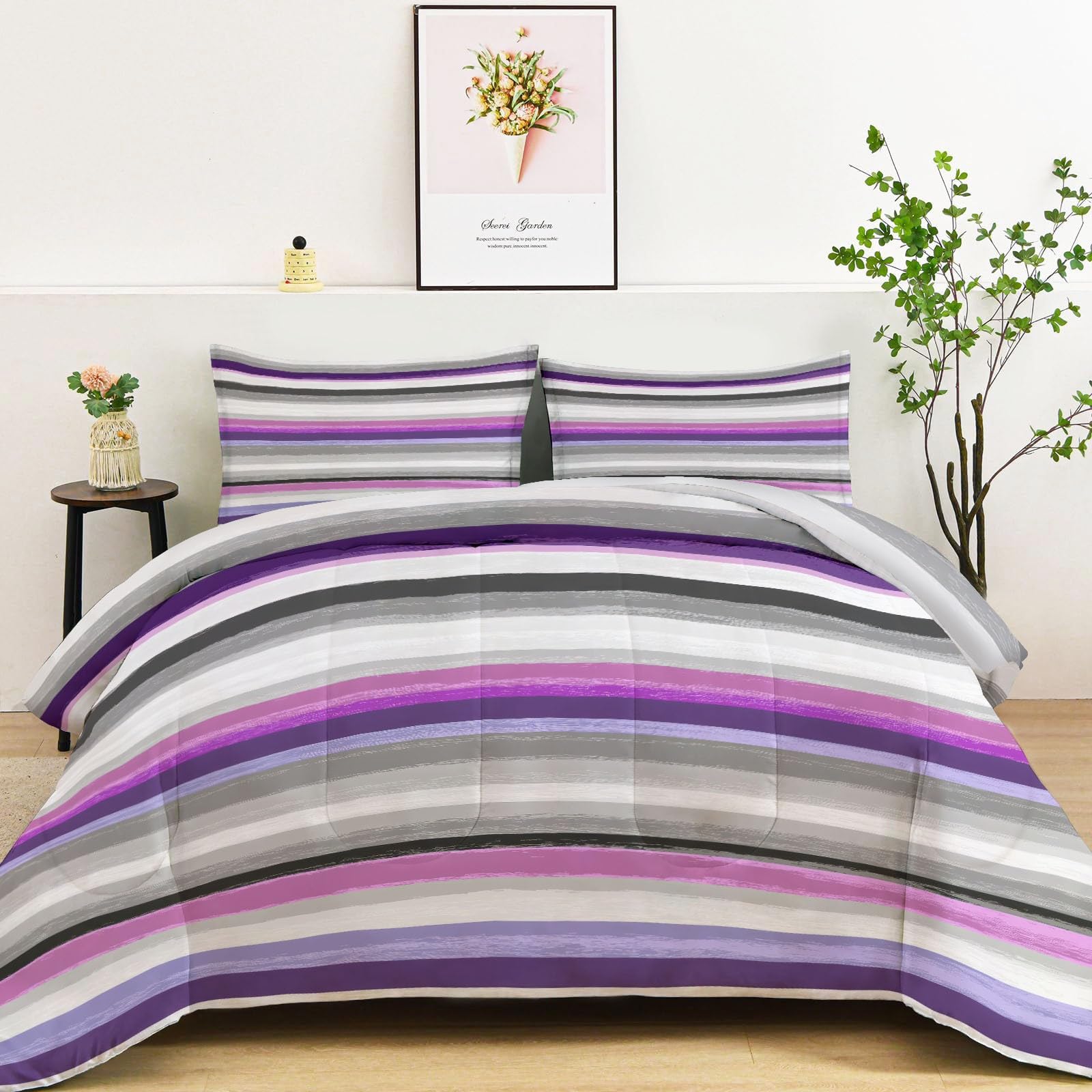 Kołdra pikowana na 4 pory roku, 135 x 200 cm, z minimalistycznymi poziomymi paskami, ciepła i miękka kołdra do spania bez poszewki na poduszkę, szaro-fioletowa