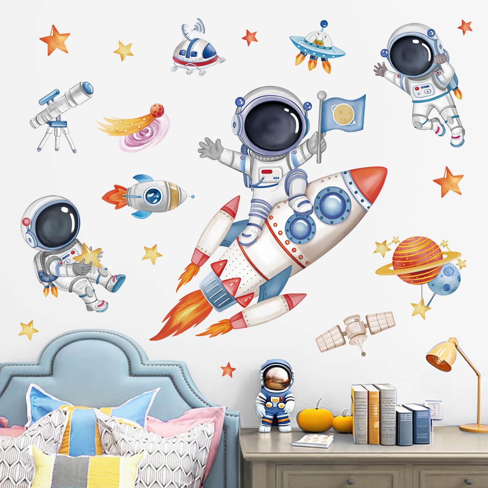 Autocollants Muraux Planètes Et Astronautes - Lot De 2 Stickers PVC Pour Chambre Enfant (47x33 Cm Et 96x30 Cm)