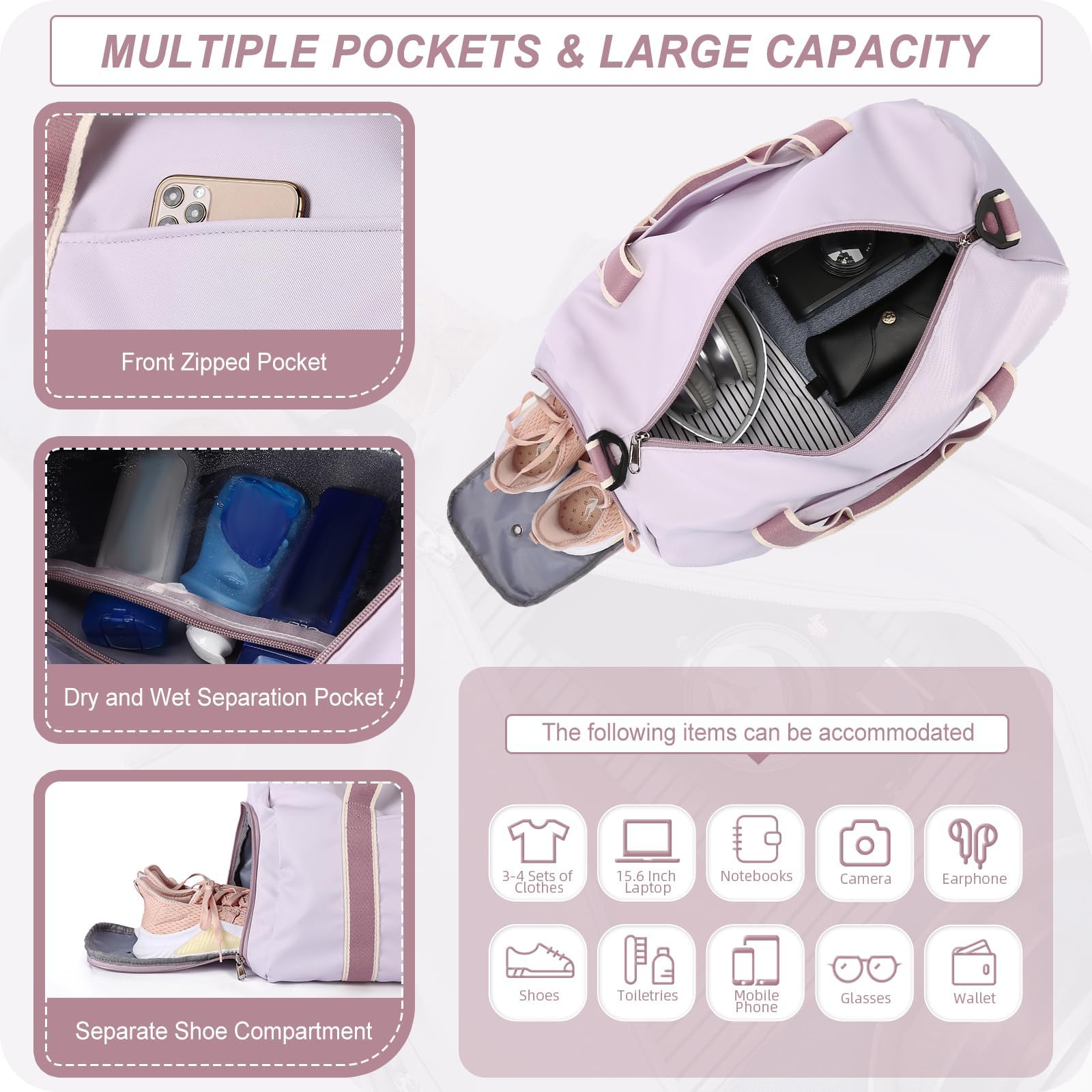 HYC00 Borsone Palestra Sportivo Donna Grande Borse da Palestra con Scomparto per Scarpe Borsone da Viaggio Weekend Borsa Sportiva Piscina Donna Borsa per Ospedale Duffel Bag per Sport Viaggio,Viola