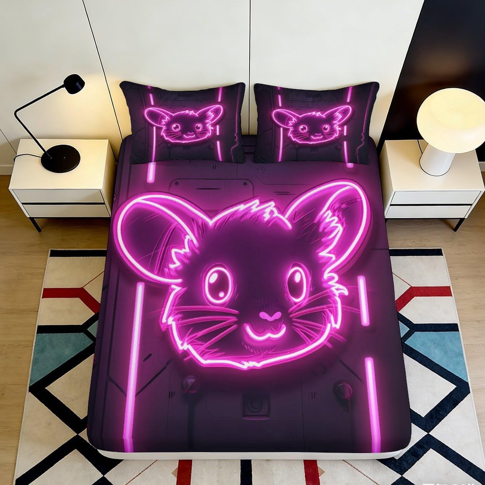 3D Printed Neon Cartoon Mouse Fitted Sheet Microfiber Deep Pocket Non-Slip Neon Mouse Mattress Fitted Cover Washable Bedding for Home 180x200x25cm
