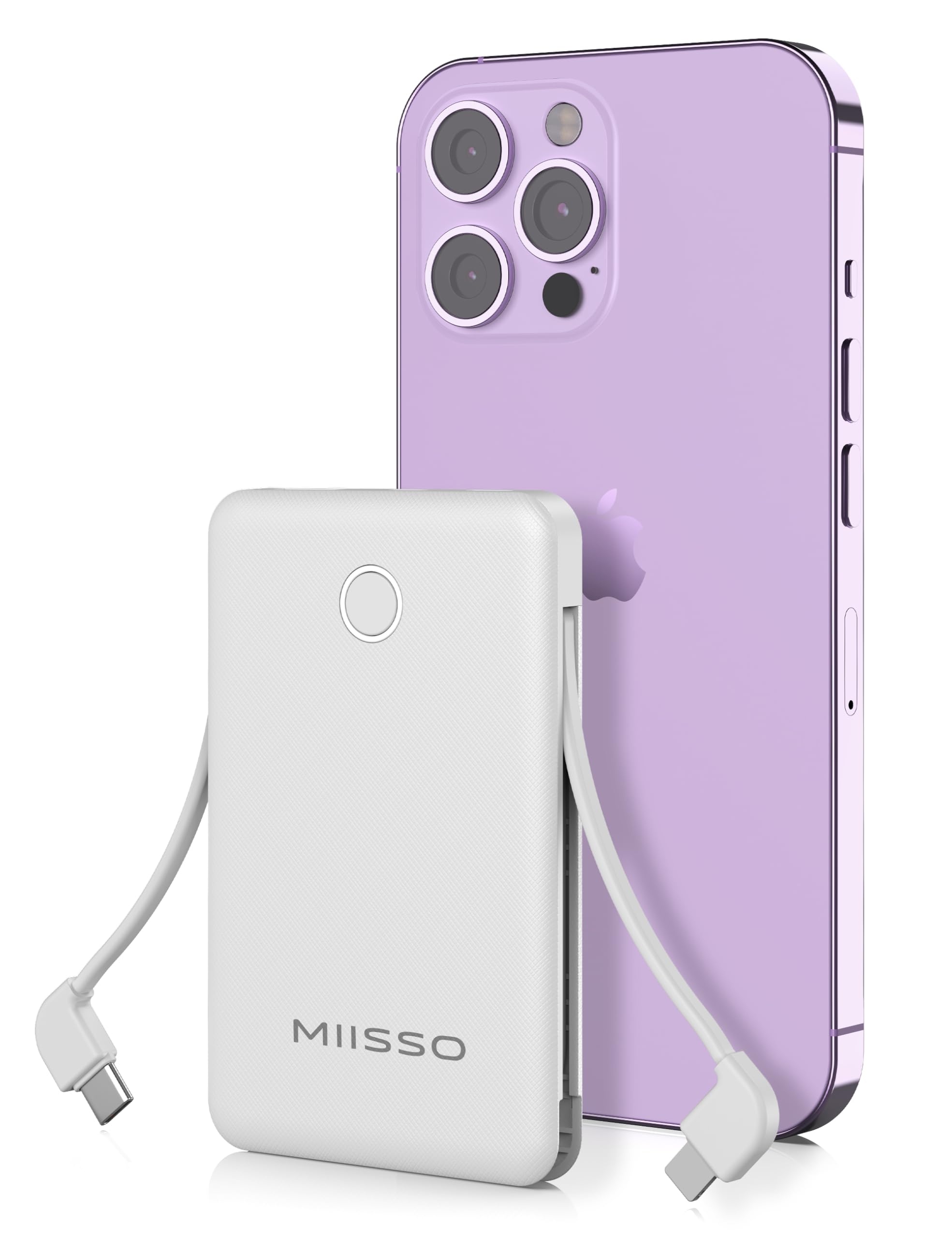 miisso 6000mAh Ultra Slim Power Bank with built-in cables next to a smartphone