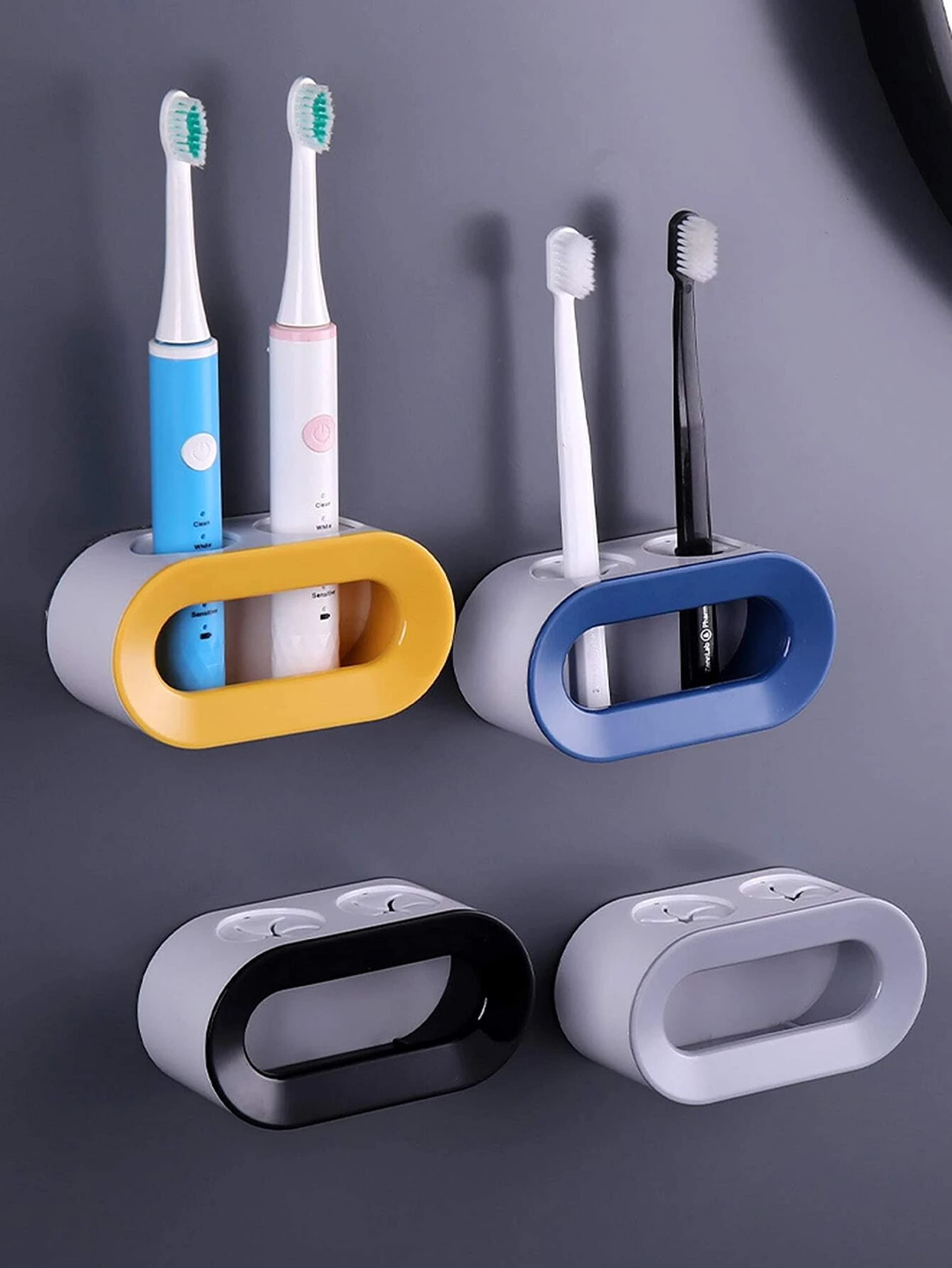 AUGEN Toothbrush Holders for Bathrooms, Self Adhesive Wall Mounted Toothbrush Holders with Suction Cup Hooks for Shower- Blue&White