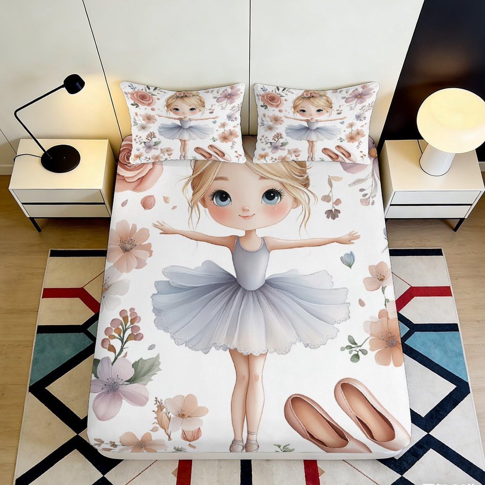 Pnayamiorkfel Style-1 3D Printed Ballerina Floral Fitted Sheet Microfiber Soft Pink Ballet Bed Cover For Bedroom Guest Room Decor 90X200x25cm