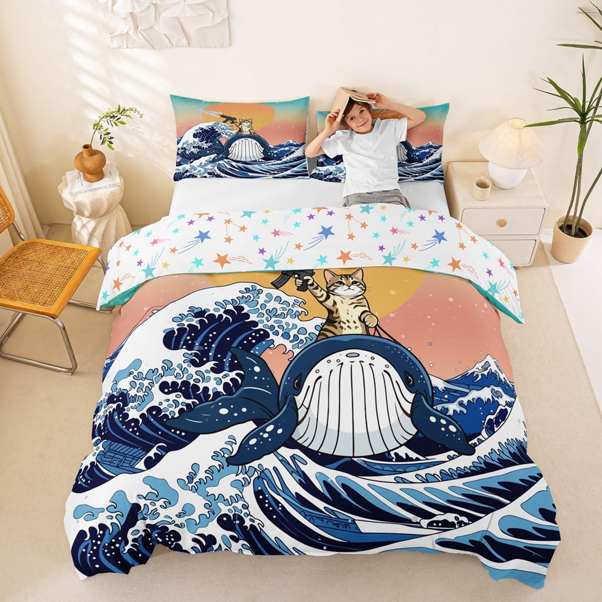 Homewish Whale Beach - Set di biancheria da letto con copripiumino super king size kawaii coraggiosi gatto giapponese acquerello cielo stellato tramonto copripiumino blu oceano onde Ukiyoe set da