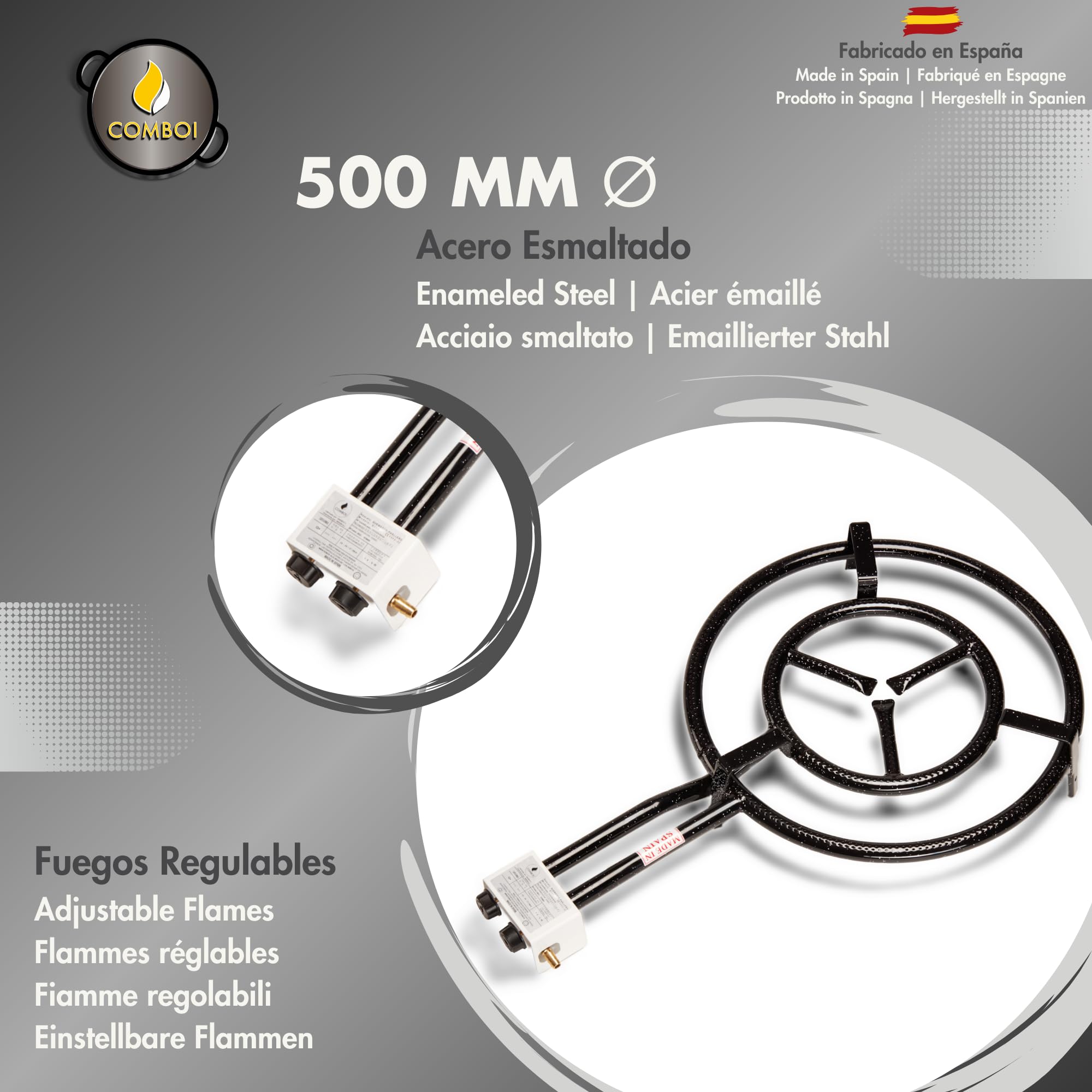 COMBOI Padella paella per gas butano 50 cm, padella paella 60 cm, regolatore del gas, tubo, gambe treppiede, livella, grembiule, ricettario digitale (kit 500 + gambe treppiede)