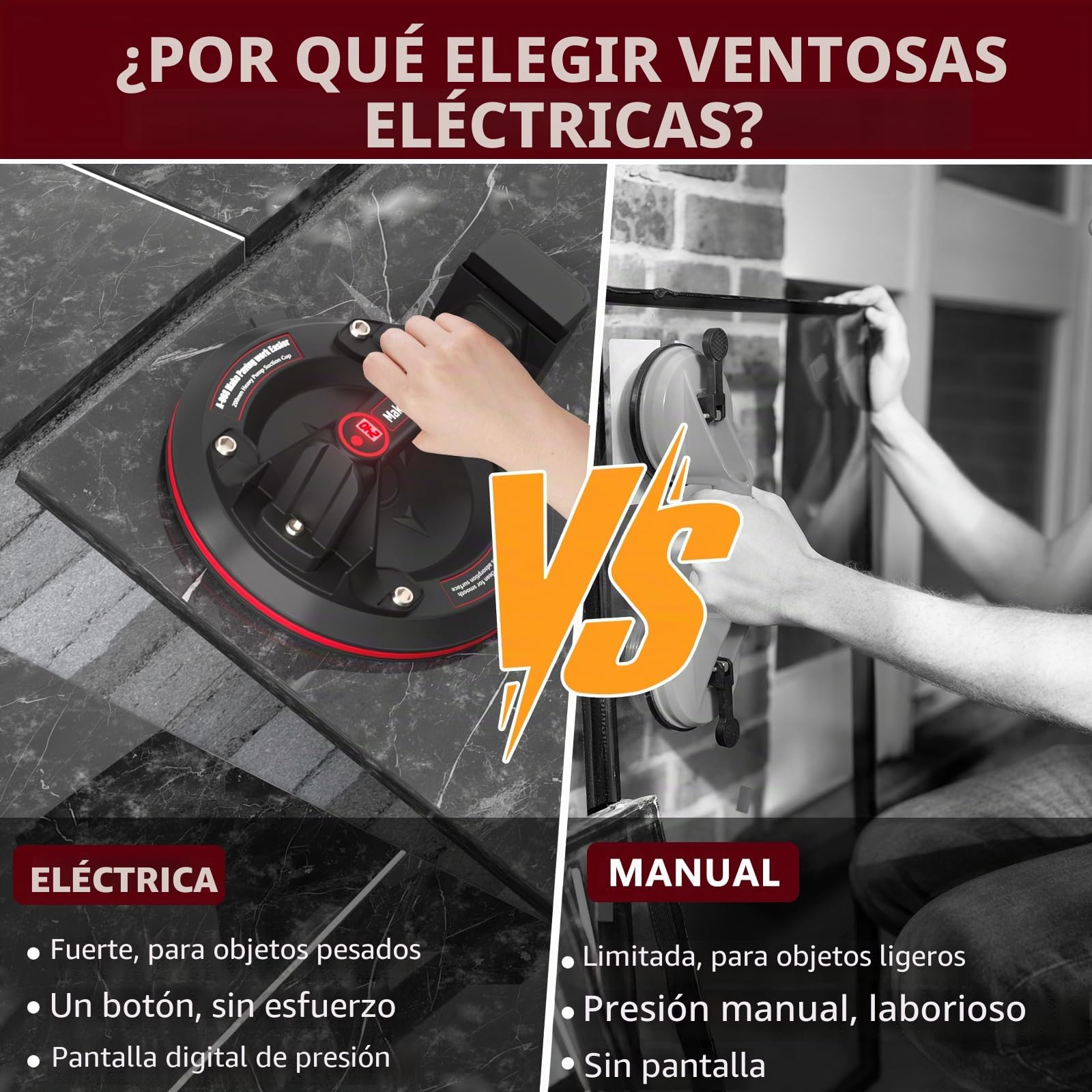 Ventosa de azulejos eléctricos, 2 piezas de 8 pulgadas, ventosa de cristal con pantalla LCD, manómetro, caja de herramientas portátil, industrial con ventosas de vidrio para elevar el cristal