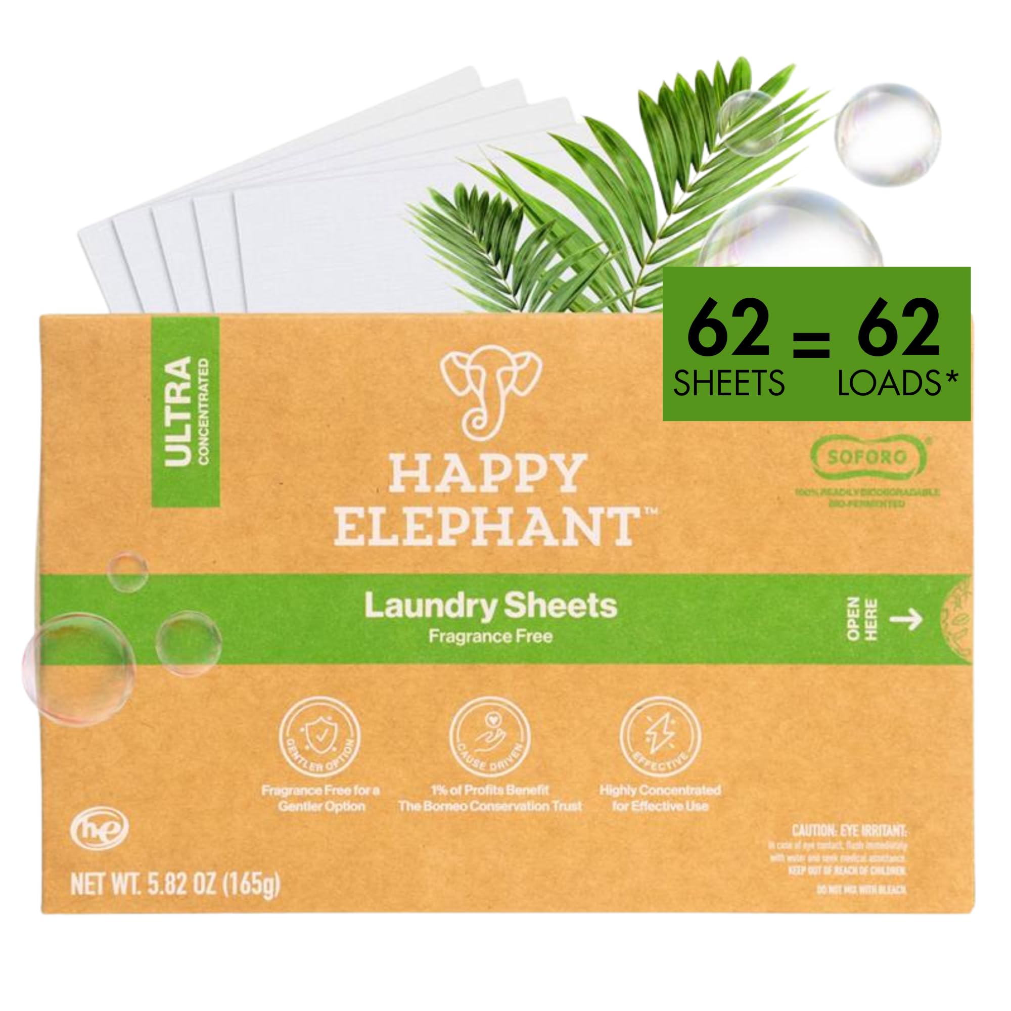 Happy Elephant Laundry Detergent Sheets, Fragrance Free, Natural Biodegradable Laundry Sheets, Plant Based, Tough on Stains, Gentle on Skin,
