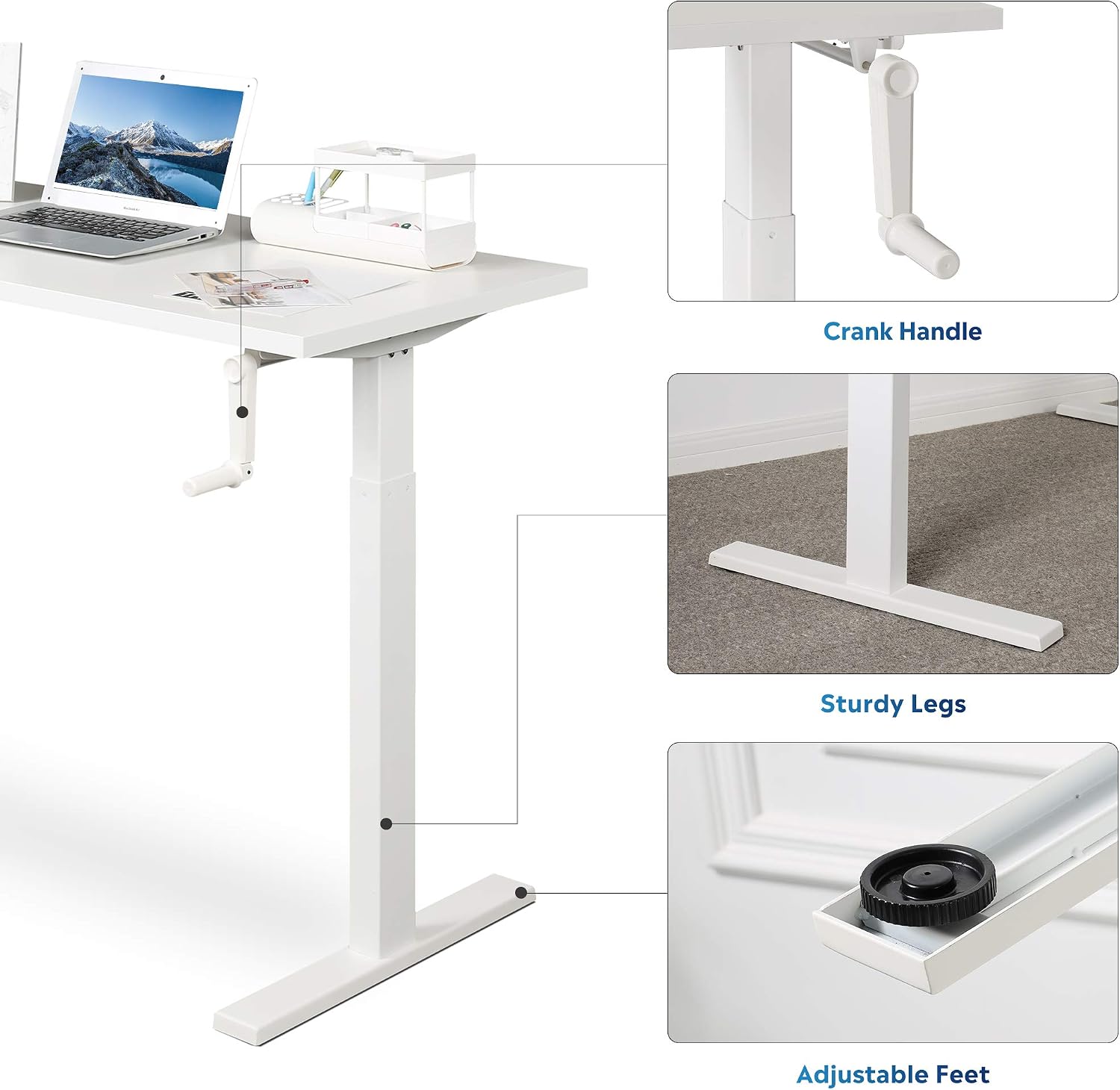 DEVAISE Adjustable Height Standing Desk, 47 inch Sit to Stand Up Desk Workstaion with Crank Handle for Office Home, White
