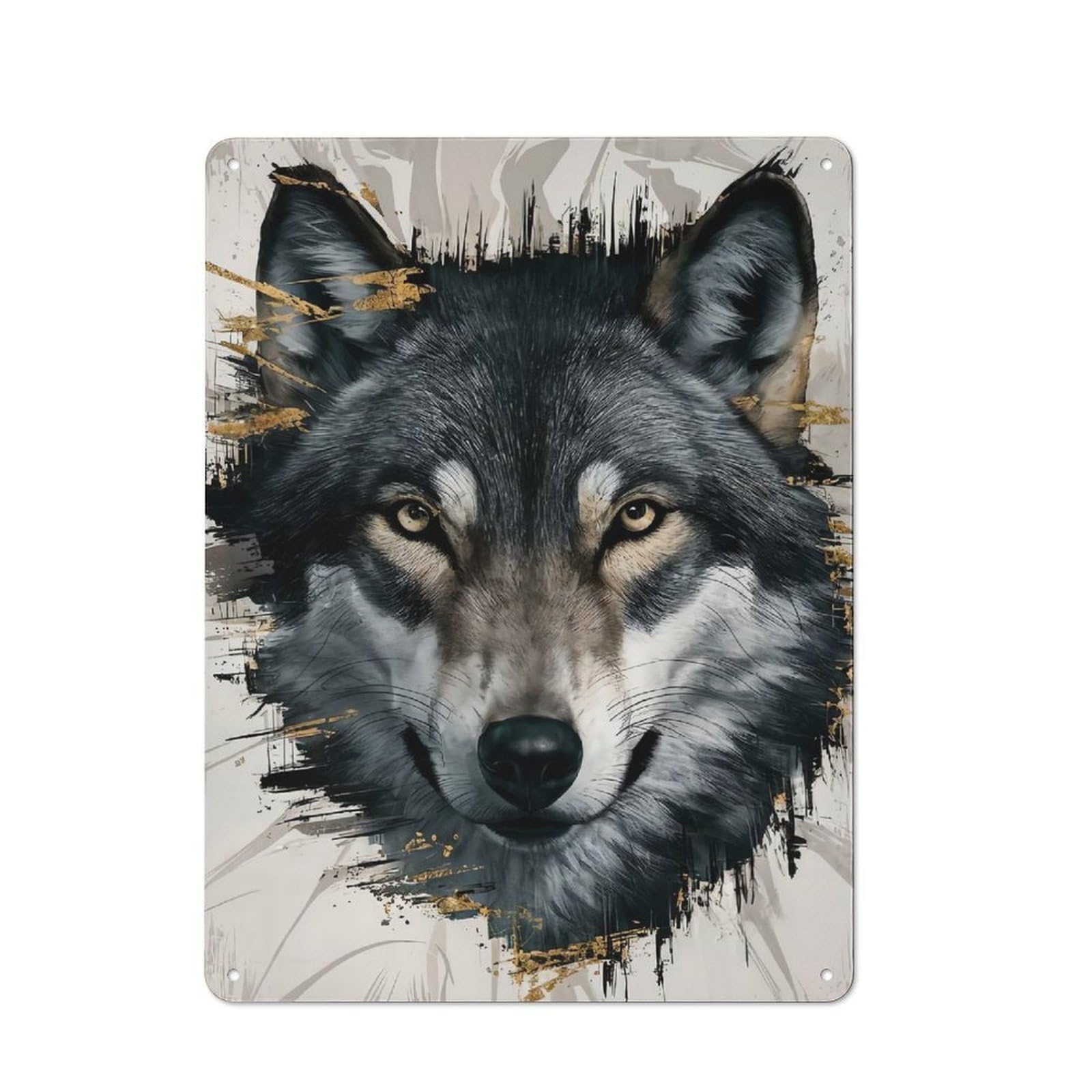 Junmoney Style-3 Wolf Portrait With Abstract Gold Accents Rustic Metal Sign 40X30cm For Garden Room Or Summerhouse, For Themed Interiors In Garden Rooms And Summerhouses