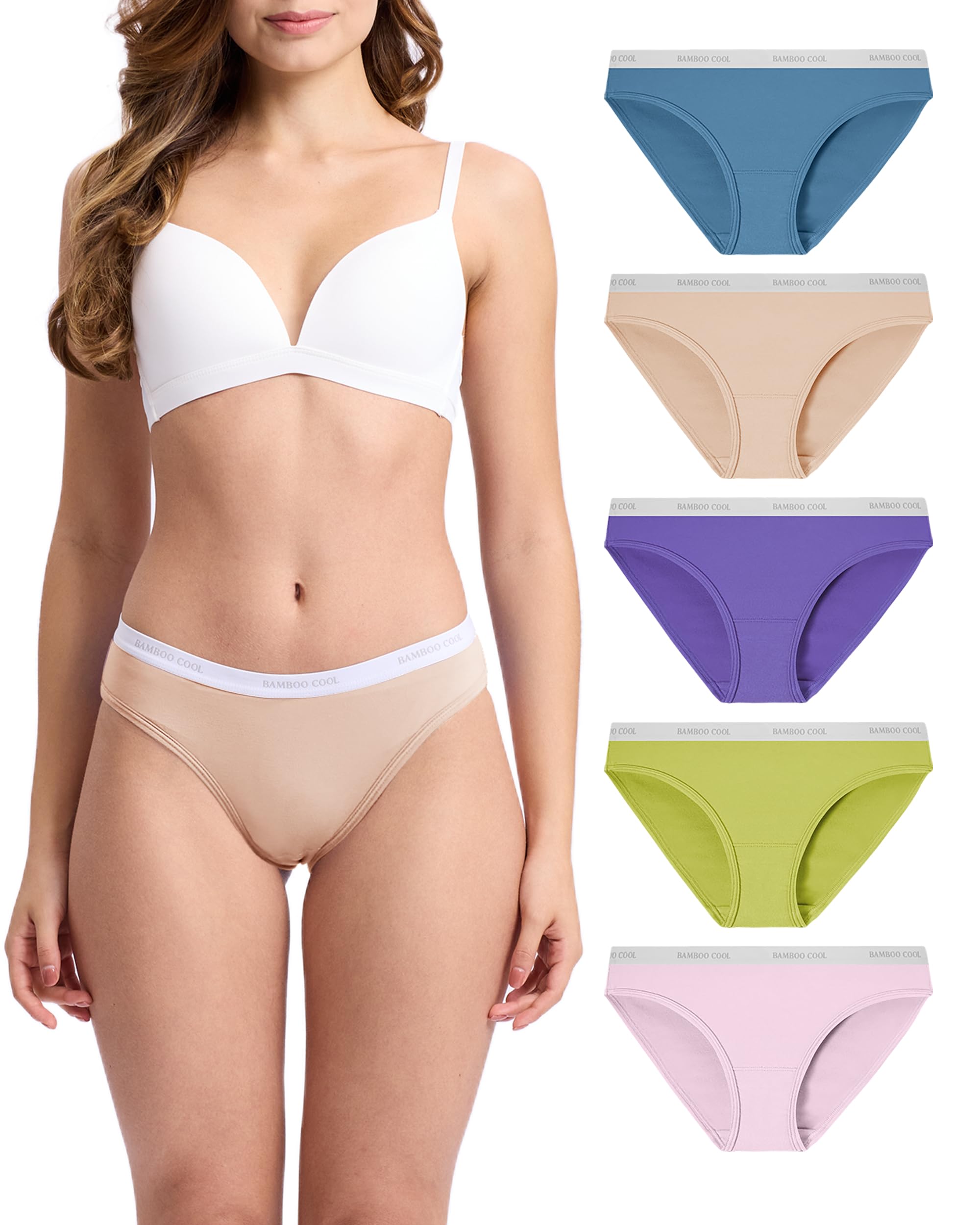 BAMBOO COOL Womens Underwear Soft Bikini High Cut Panties Stretch Moisture Wicking Panties for Women 5-Pack