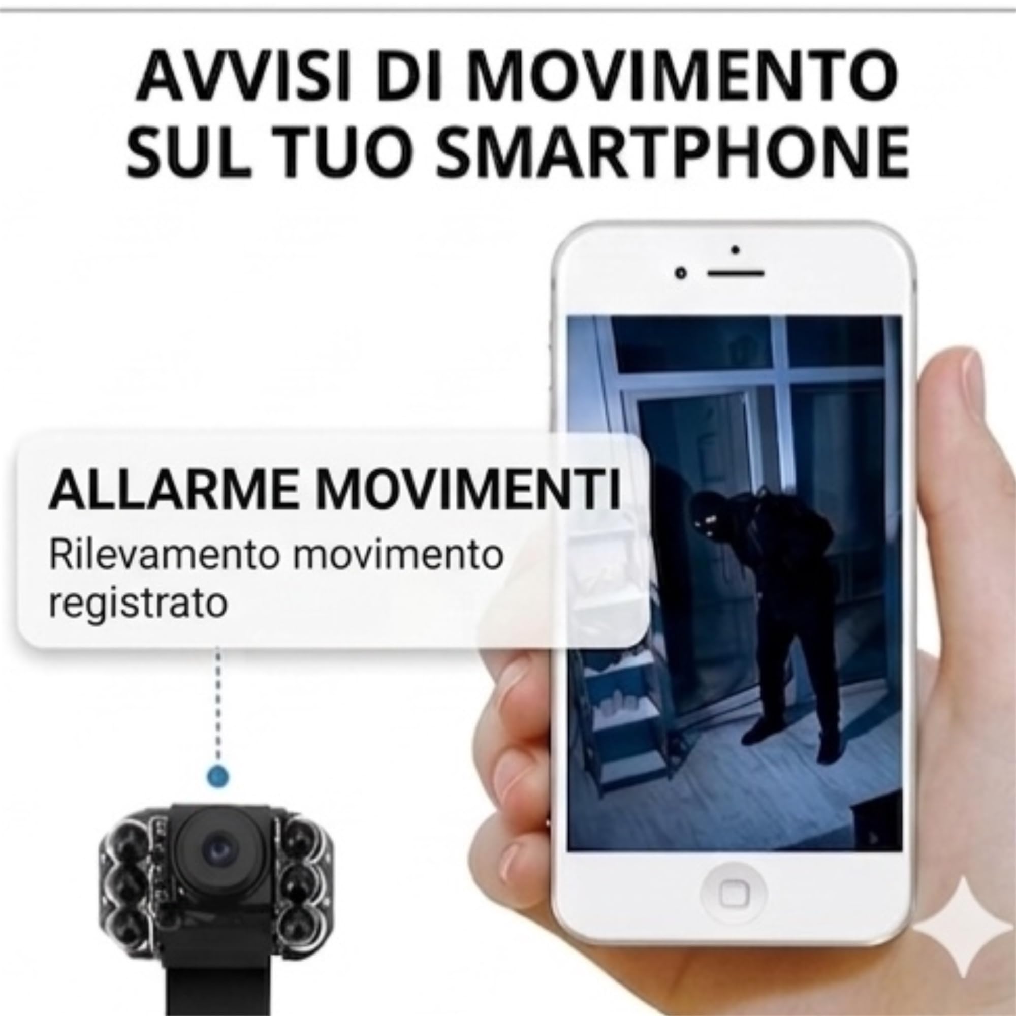 Mini Telecamera WiFi di Sorveglianza con Sensore di Movimento, Infrarossi con Batteria 4 ore, Controllo da Smartphone, Visione Notturna Microcamera 1080P