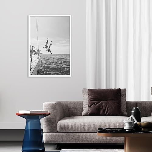 Miniatura 3 de ZHIXQMG Póster retro moderno de los años 80 en blanco y negro, lienzo de playa en blanco y negro, arte de pared, verano, océano, vela, barco, yate,