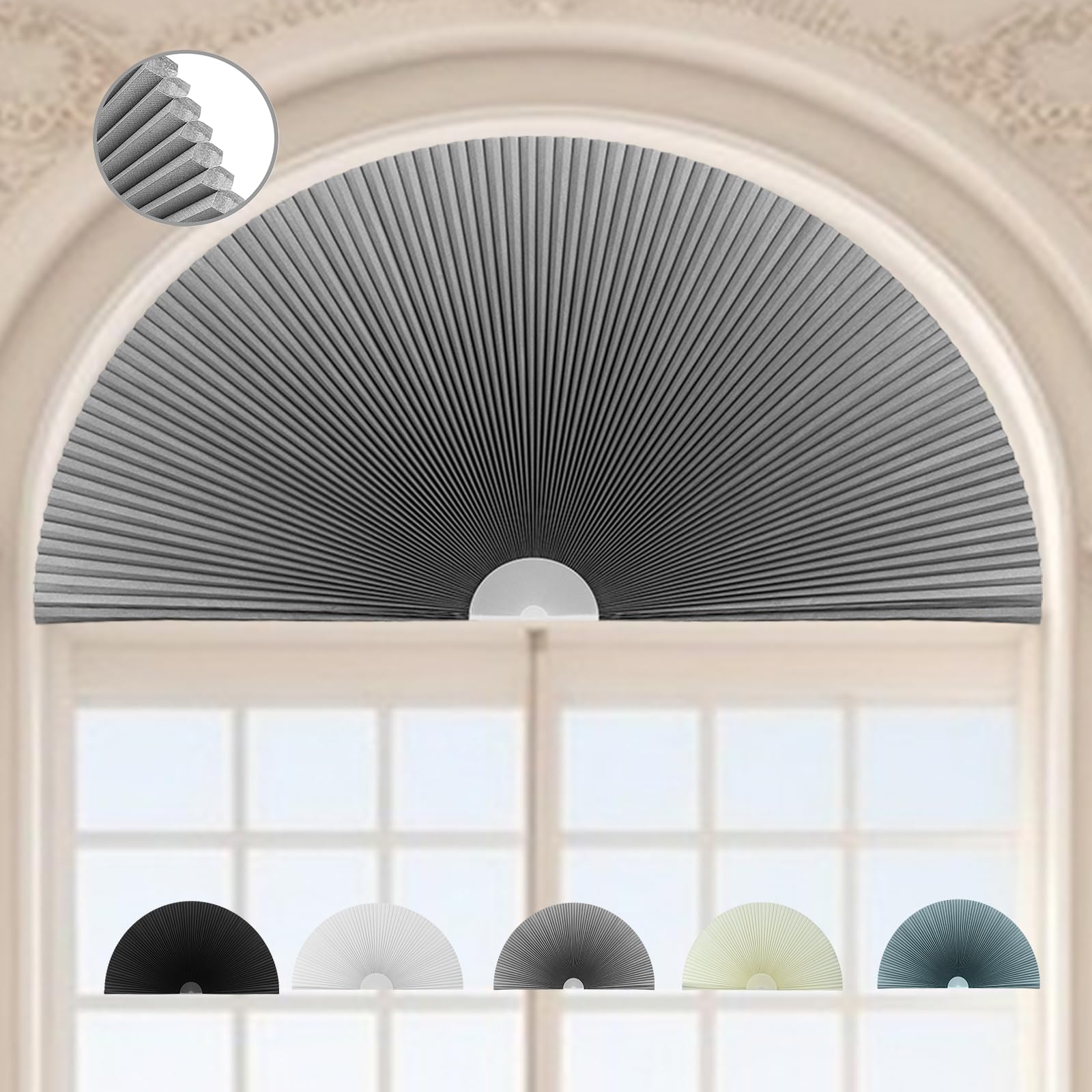 ChYoung Honeycomb Shades Blackout Arch Window Shade No Drill Install Multi-scene Application Grey Polyester Semicircular Blinds