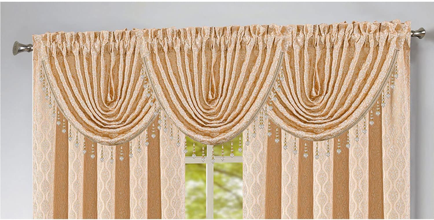 Robin Jacquard Rod Pocket Window Panel and Valance Treatments, Geometrical Pattern with Topping Curtain Drape Set for Home Space All Sold Separately (Beige, Valance - 48"X37" Inches)