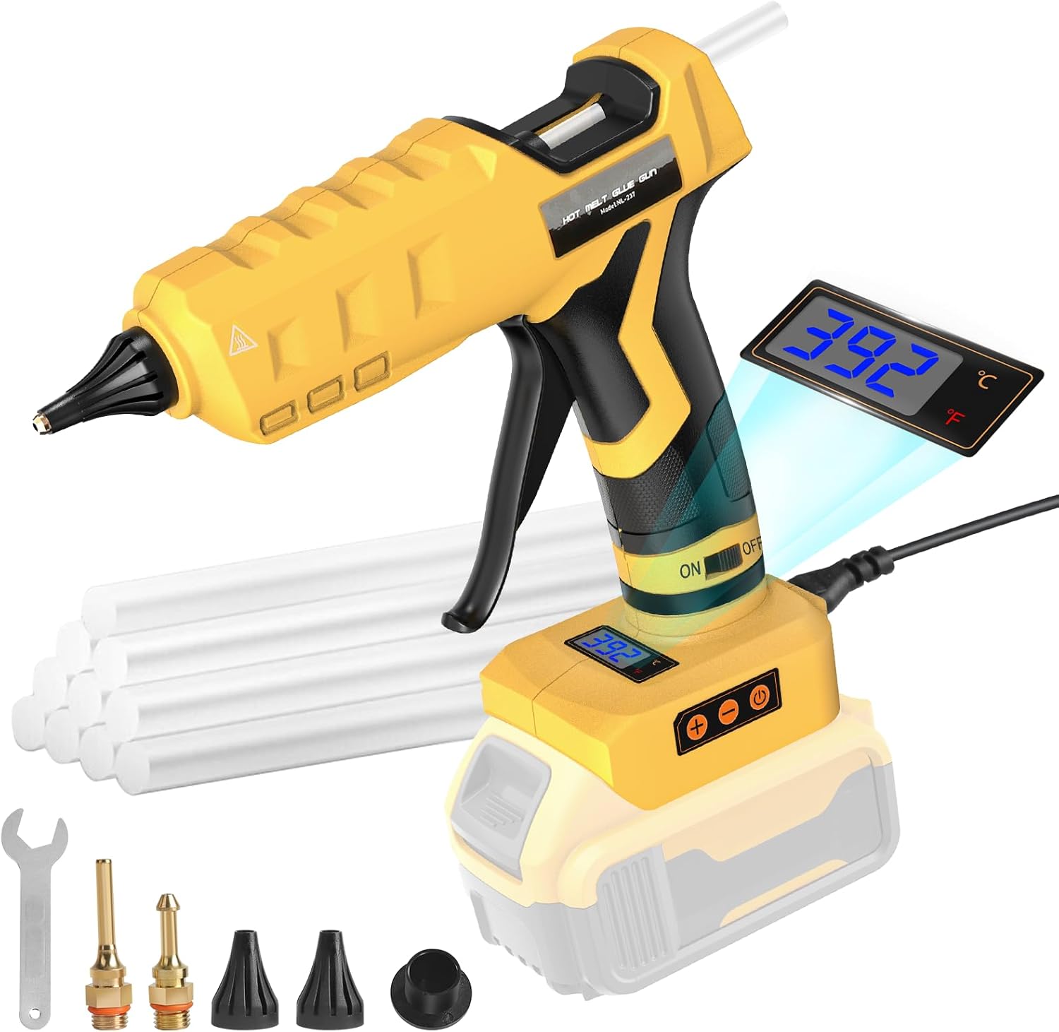 Cordless & Corded 2-in-1 Hot Glue Gun Compatible with Dewalt 20V Battery, 100W Digital LED Temp Adjustable Anti-drip Full Size Glue Gun with 2 Nozzles & Glue Sticks (Battery Not Included)