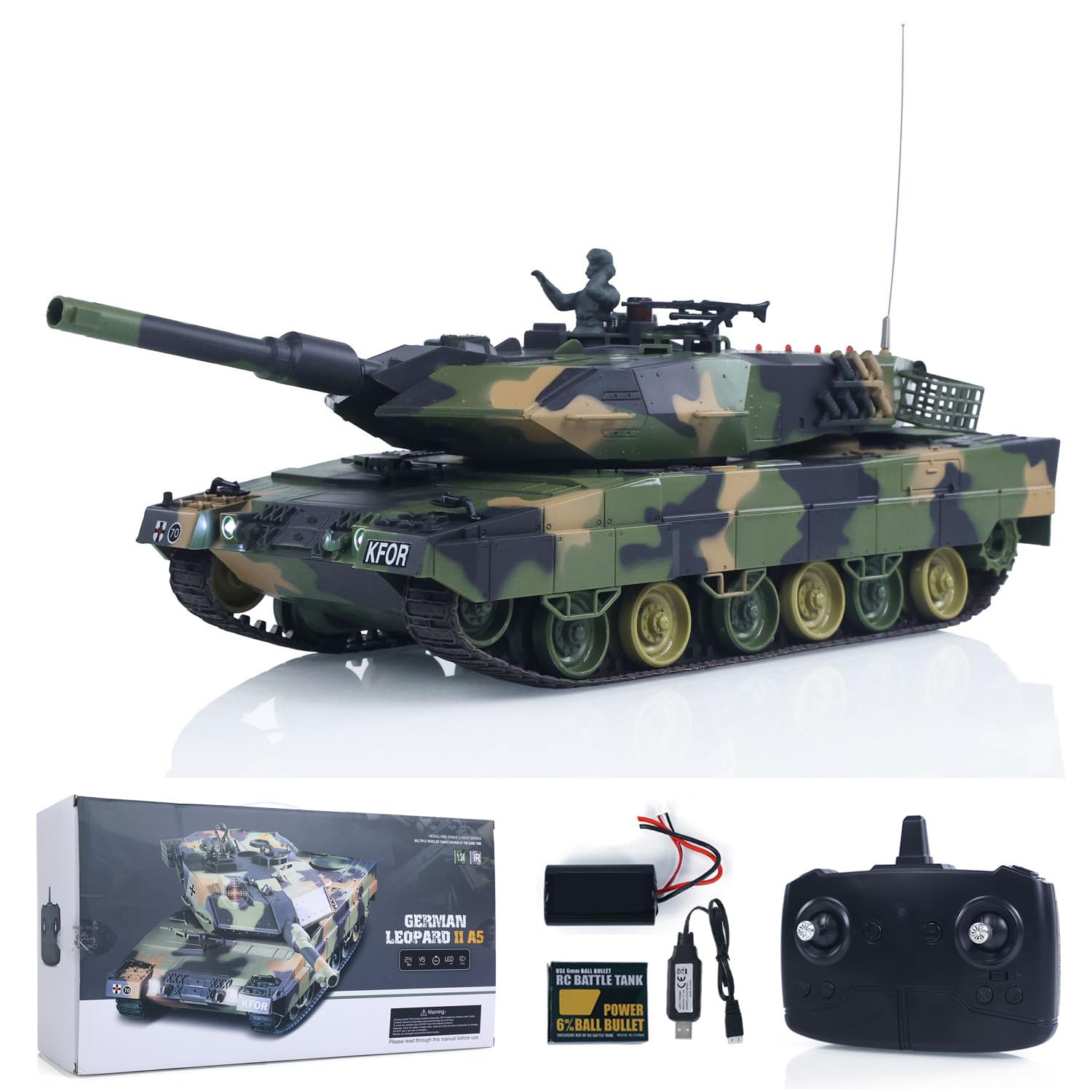 Henglong 3809 2.4GHz 1/24 RC Panzer Leopard 2 A5 Fernbedienung Schießen Schießeffekte Infrarot Kampfspray Wasser simuliert Licht Sound Hobby Grade Modell