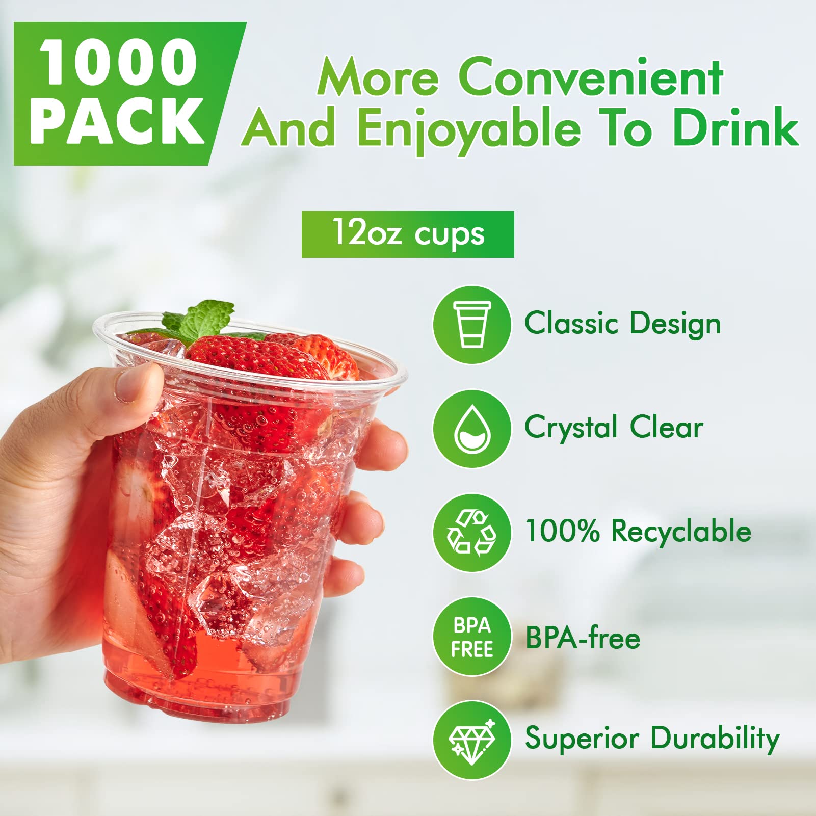 Snapklik.com : 1000 Pack 12 Oz Clear Plastic Cups, PET Disposable ...