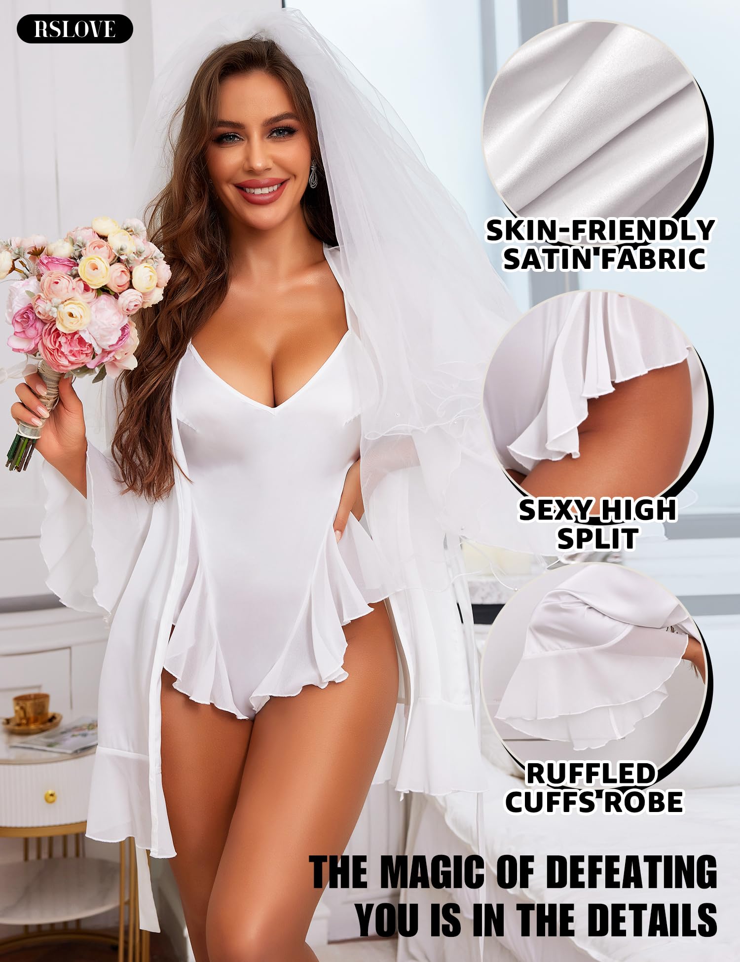 RSLOVE Women Sexy Lingerie Set - 2 Piece Lace Kimono with Teddy Lingerie Satin Robe Set Bodysuit Nightgown