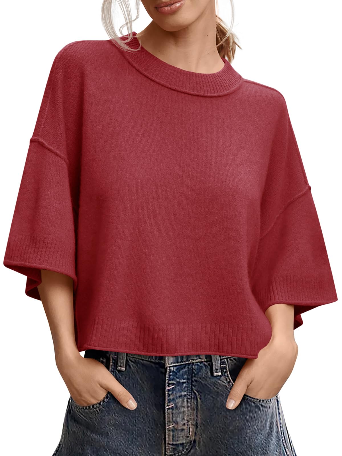 Saodimallsu Womens Short Sleeve Sweater Oversized Cropped Sweaters Knit Top | Summer,Casual,Crew Neck,Lightweight,Striped,Loose,Half Sleeve,Business Casual,Work,Basic T Shirts,Seam,Spring,Going Out