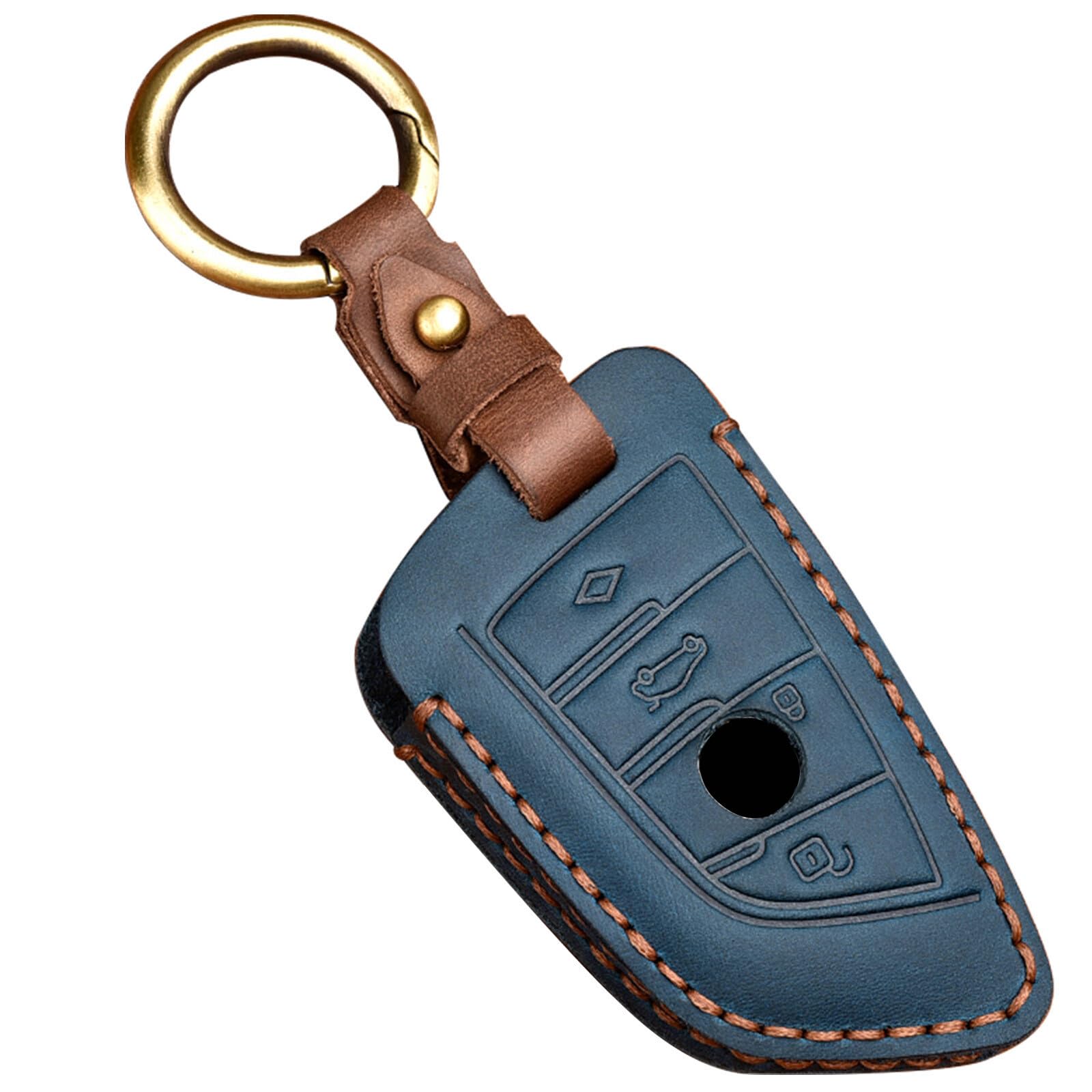 OLLEN Genuine Leather Car Key Cover Cases Fit for BMW 1 3 4 5 6 7 Series X3 X4 M5 M6 GT3 GT5 etc A Style Blue, M