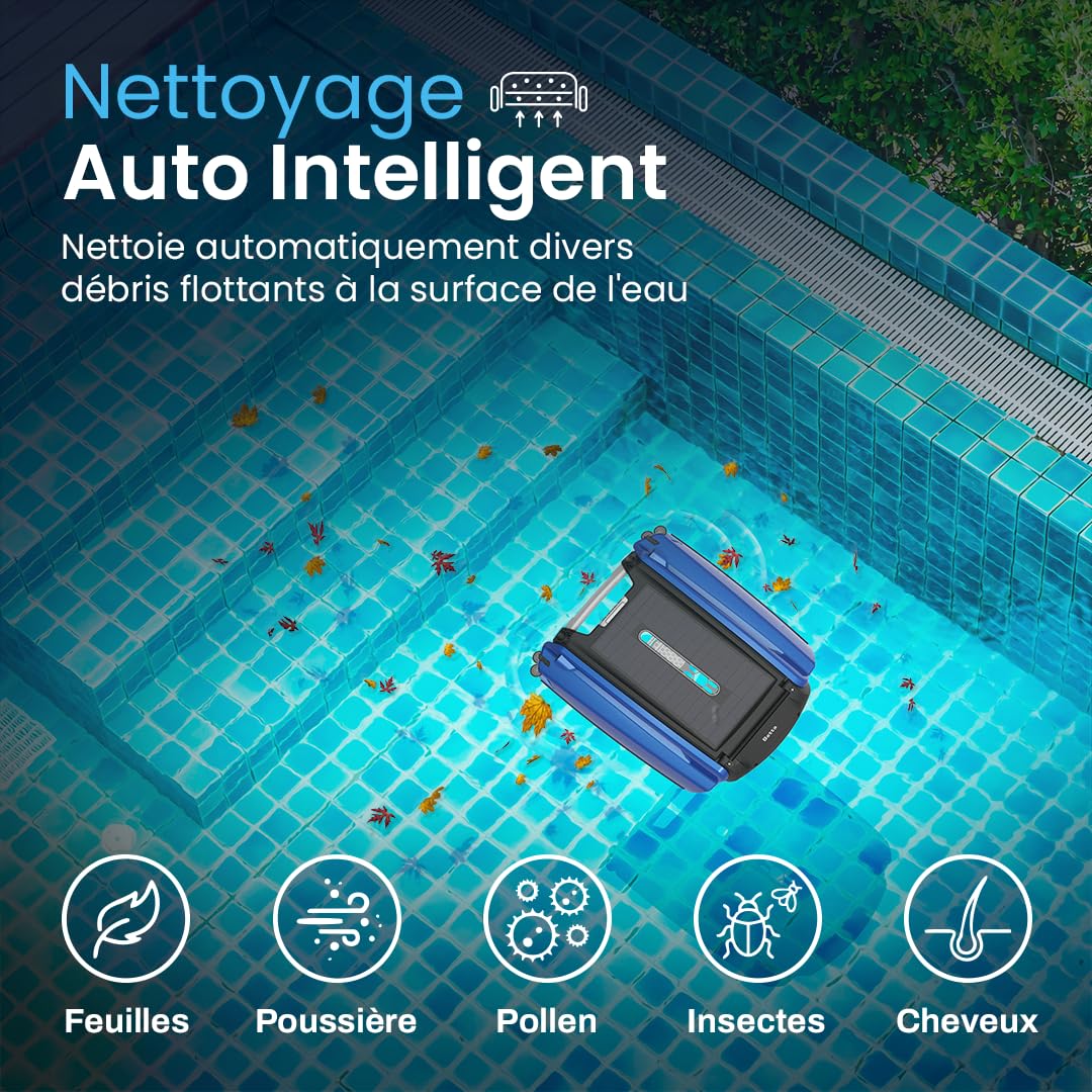 Betta SE Robot Nettoyeur Skimmer Solaire de Surface Piscine, Autonomie 30h, Moteurs Résistants Sel/Chlore, Anti-Obstacle Intelligent, Nettoyage Automatique 24/7 - Bleu
