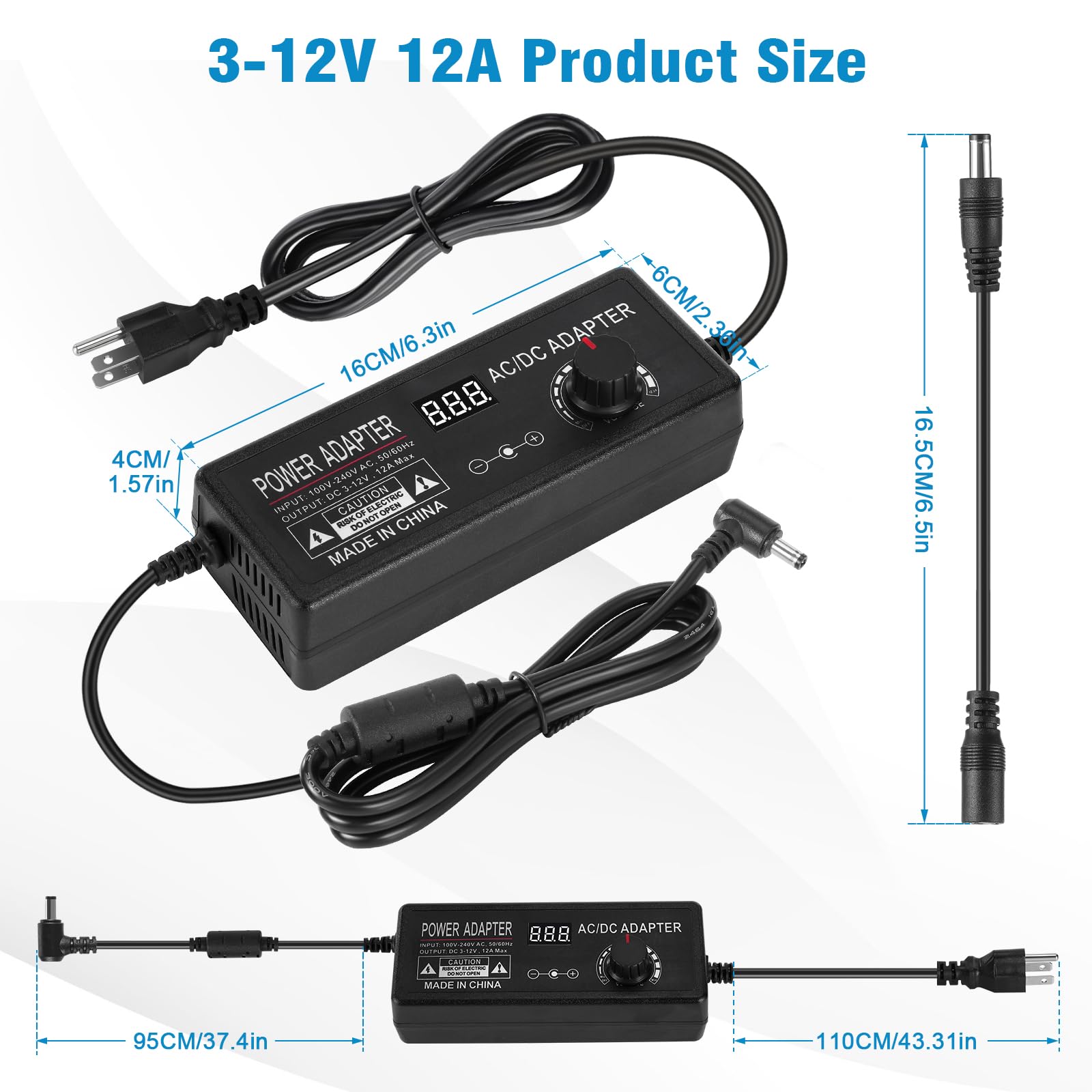 Fuente de alimentación universal de 3 V ~ 12 V 12 A 144 W ajustable variable 3 V 5 V 6 V 9 V 12 V, convertidor de CA a CC de 100 V-240 V con 14 puntas, convertidor de polaridad