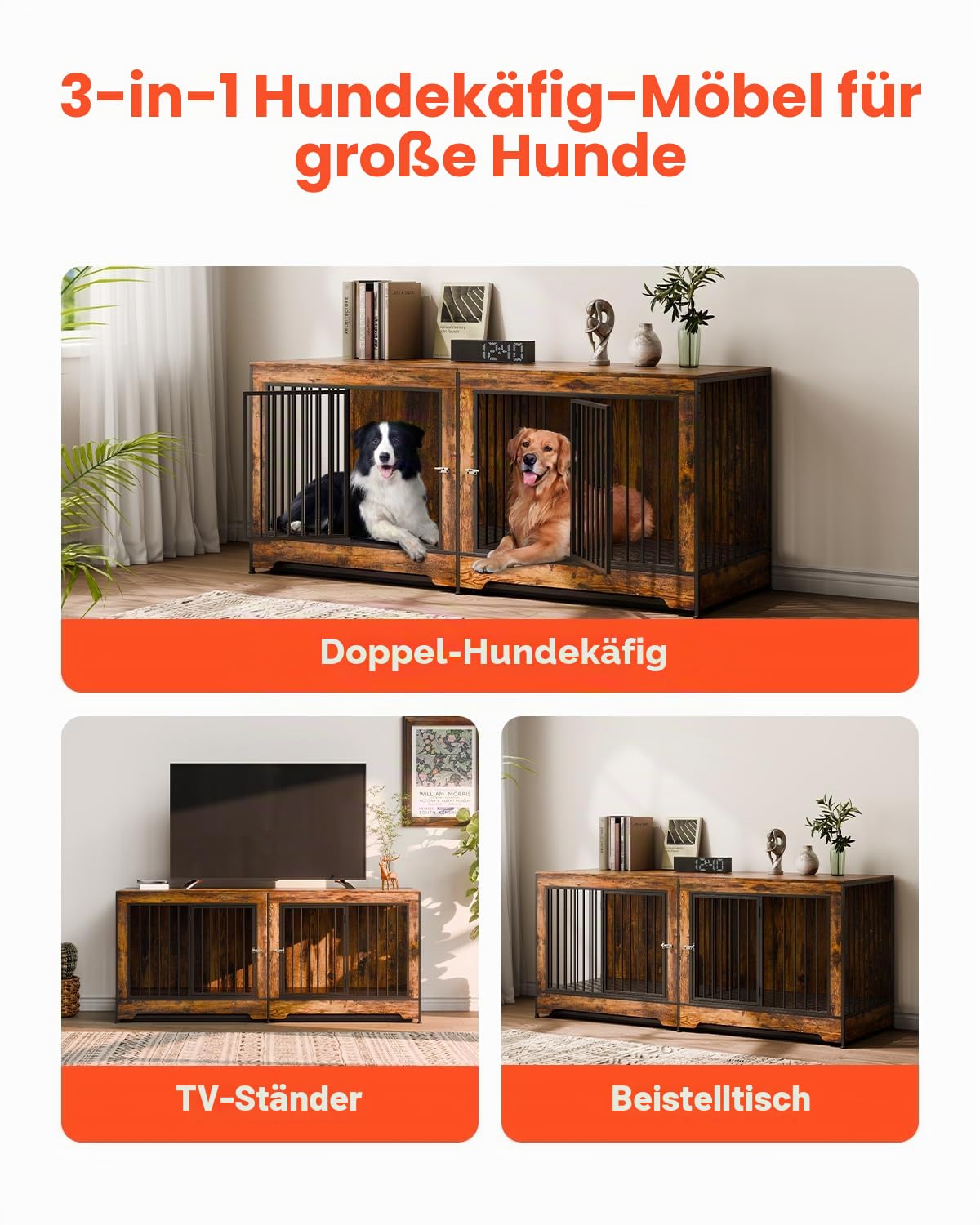 VEVOR Hundekäfig Möbel für 2 Hunde, 1901 x 670 x 824 mm Doppel-Hundebox für große Hunderassen mit Trennwand & Doppeltüren, Hundehaus aus Holz, Beistelltisch für mittelgroße und große Hunde, Braun