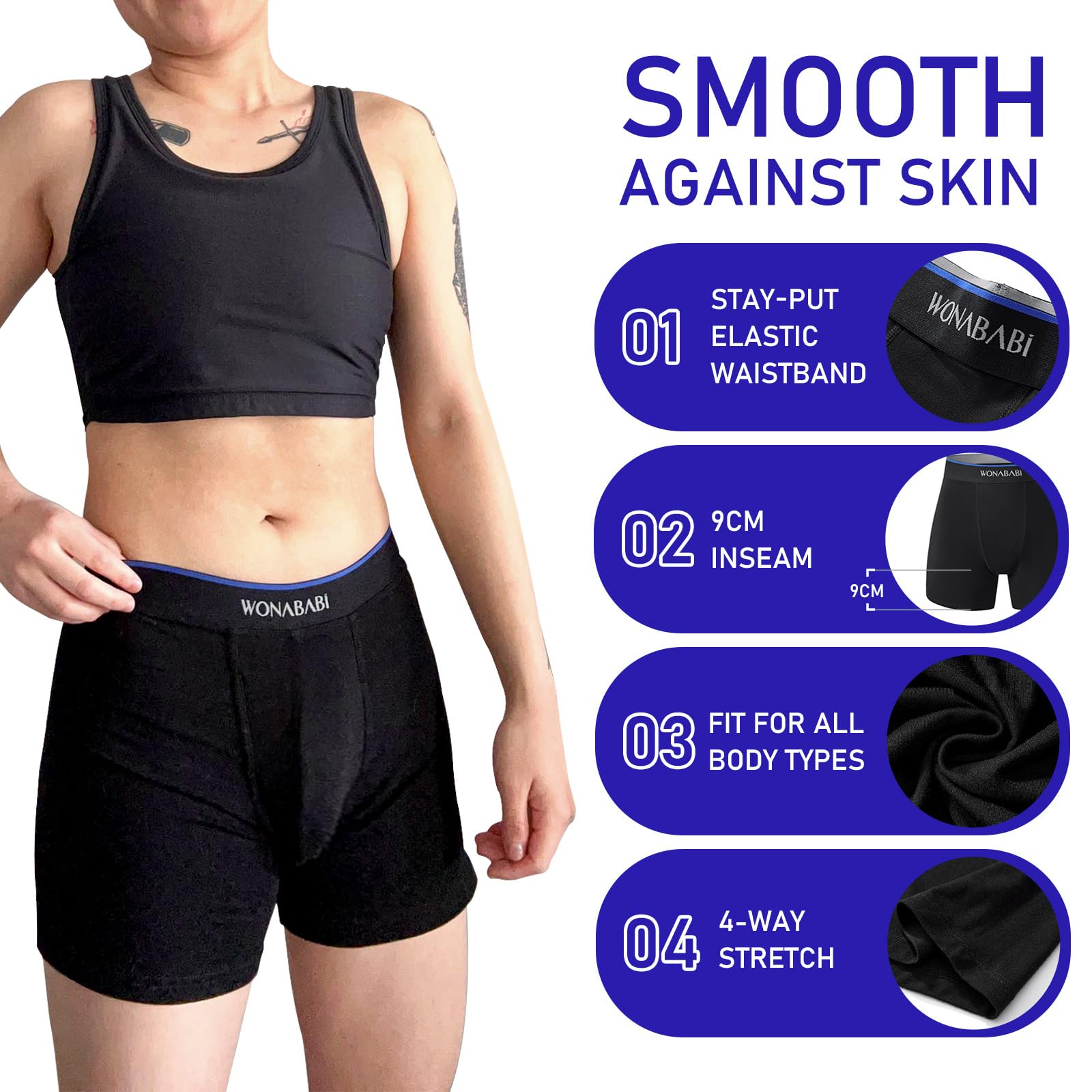 Wonababi Shortys pour transgenres - sous-vêtements Boxer sans frottement Doux et sans Genre
