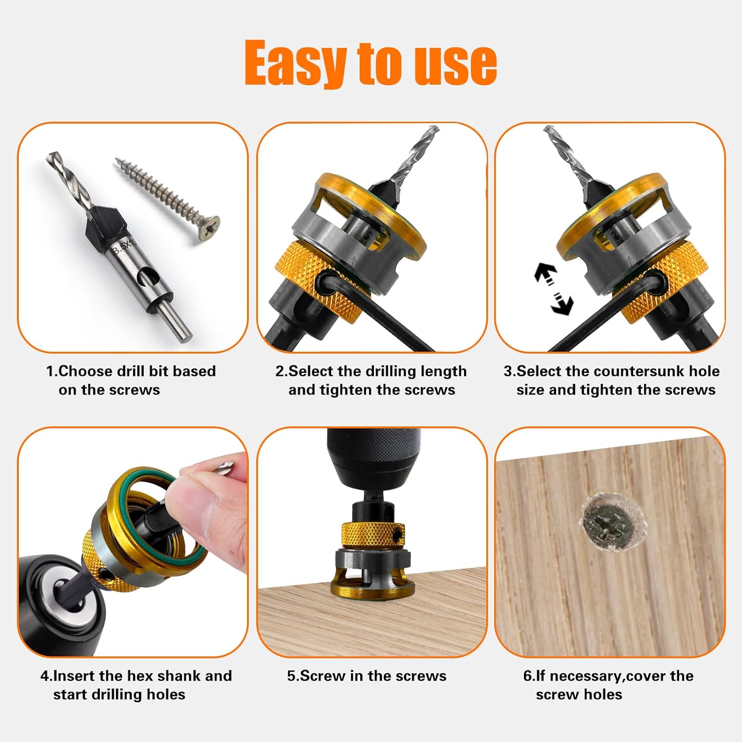 Countersink Drill Bit Set with Depth Stop 4PCS, HCS Four Blades Countersink Bits with Adjustable Depth Stop and L Shape Wrench, Wood Countersink Bit Set for Wood, Plastic, Woodworking