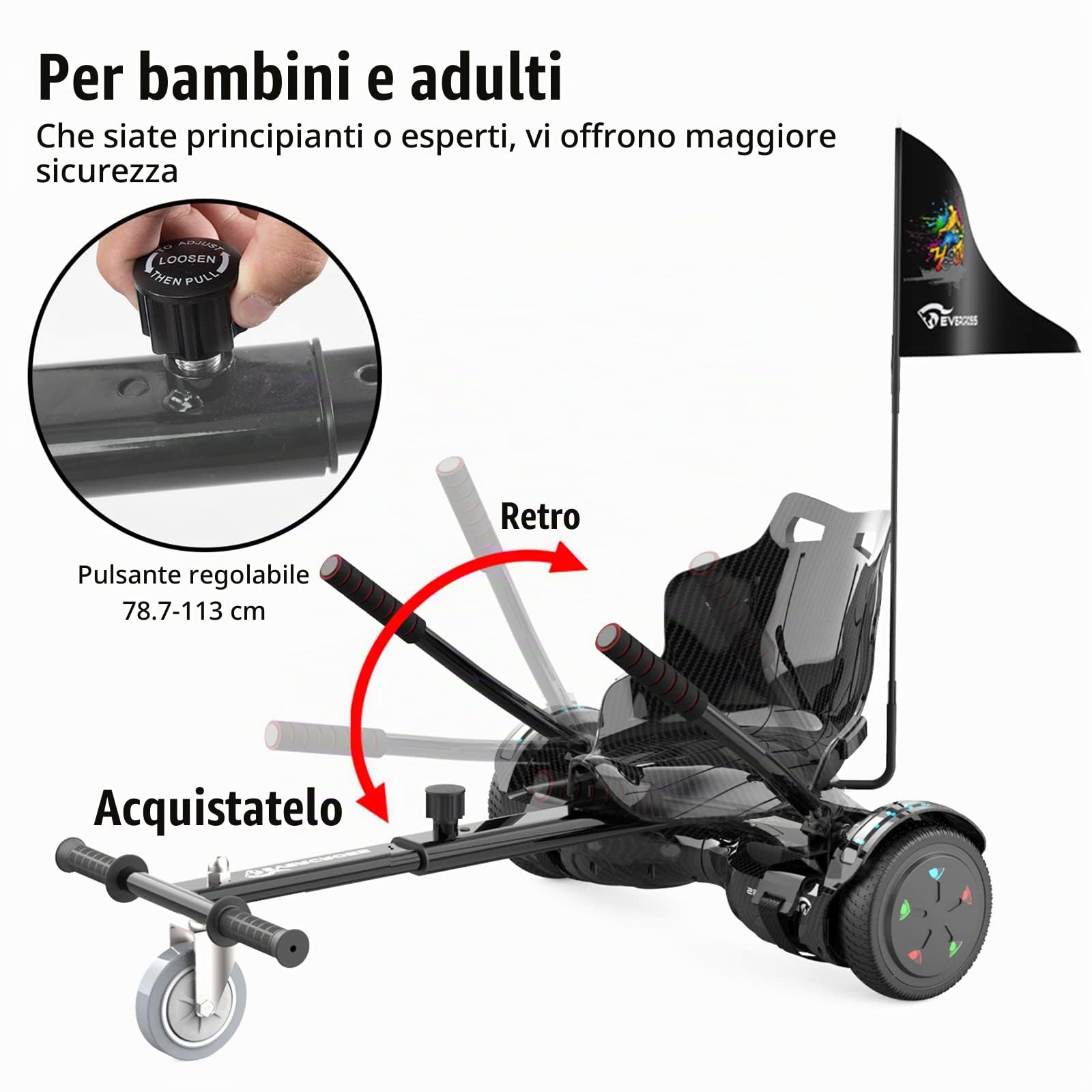 EVERCROSS Hoverboards con Sedile 6,5 Pollici, Bluetooth e Luci LED Colorate | Hover Board Go Kart per Bambini e Adulti, fino a 15 km/h e 10–15 km di Autonomia, Doppio Motore, Carico Massimo 100 kg