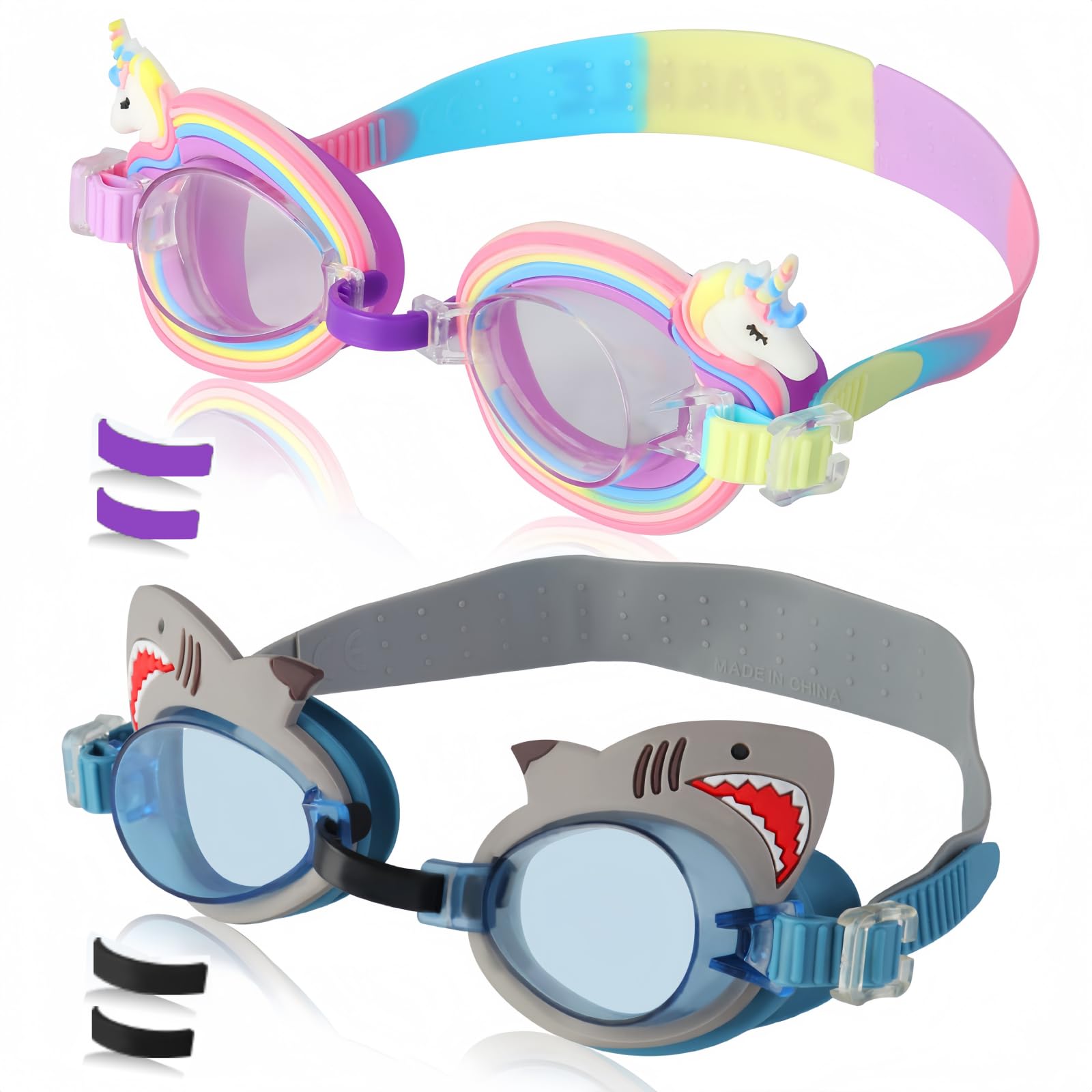 Kinder-Schwimmbrille, auslaufsicher, beschlagfrei, wasserdicht, verstellbar, für Kinder im Alter von 2–14 Jahren, Kleinkinder, Jungen, 2 Stück