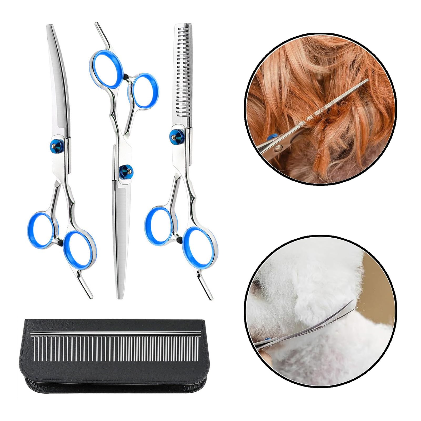 Jimkply Haustierfriseur-Set, Enthält 1 Kamm, 1 Tuch, 1 Ausdünnschere, 1 Gerade Schere, 2 Gebogene Scheren, Haustierhaarpflege, für langes Haar, kurzes Haar, Hunde, Katzen, Kaninchen