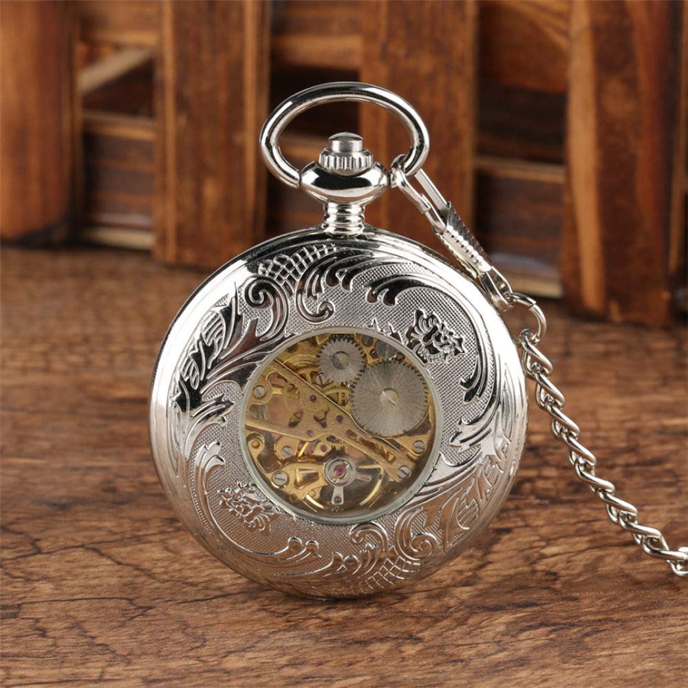 Pocket Watch Hohle Blumen Mechanische Tasche Watch Hand-Wind Retro Exquisite Ziffern FOB Pocket Uhren Reloj de Bolsilllo mit Kette, Silber