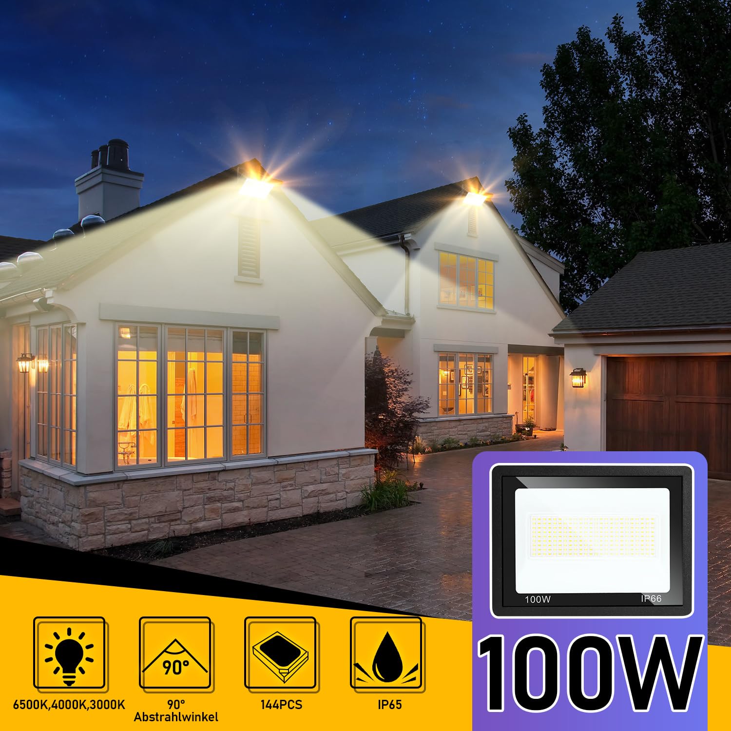 Sonnewelt Zestaw 5 reflektorów LED na zewnątrz, po 100 W, 3 temperatury barwowe, IP66 | 3000 K/4000 K/6500 K do wyboru za pomocą przełącznika CCT, ok. 7300 lm na lampę, kąt świecenia 120° i kabel 1 m.