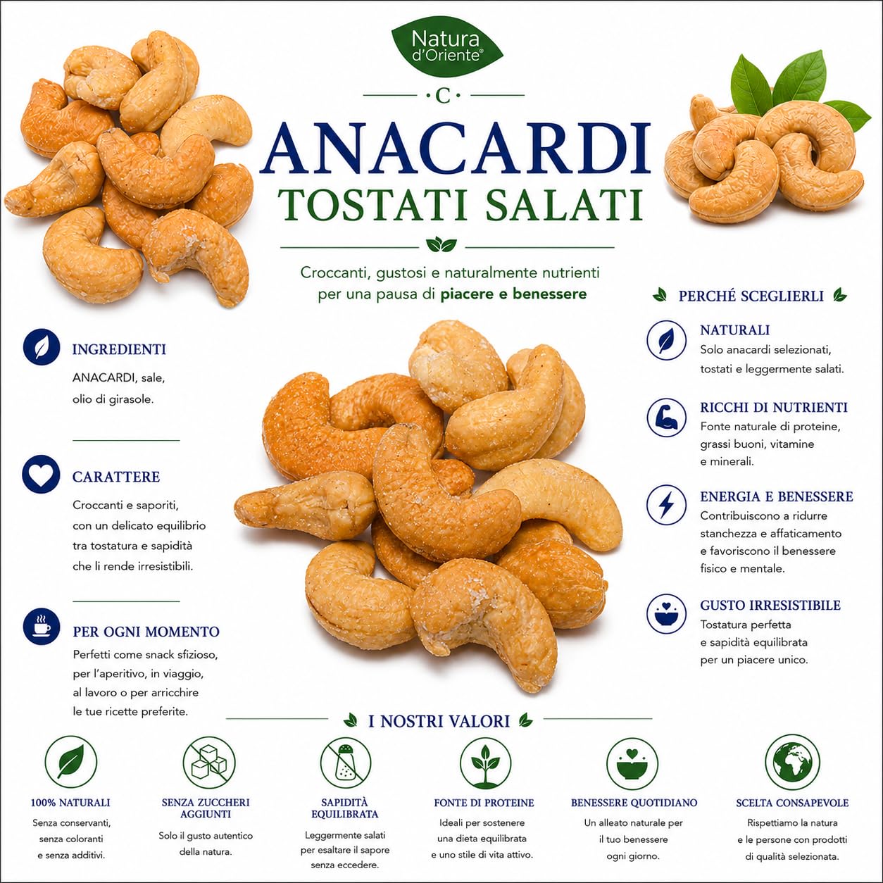 NATURA D'ORIENTE Anacardi Tostati Salati 1 kg Frutta Secca Snack | Croccanti e saporiti • Pronti da gustare • Ideali per aperitivi e snack