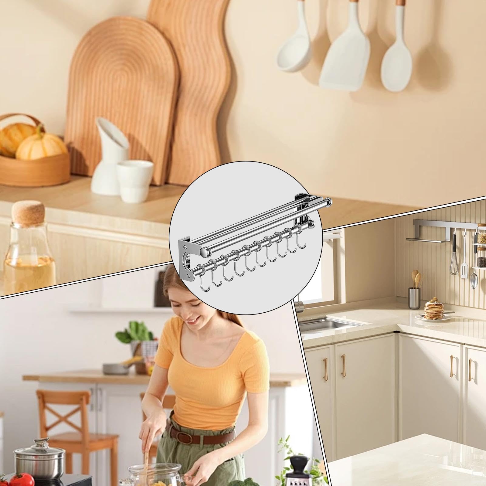 Cintre à ustensiles de cuisine en acier inoxydable pour économiser de | l'espace - Organiseur d'ustensiles de cuisine en acier inoxydable avec plusieurs crochets - Support pour outils de cuisine