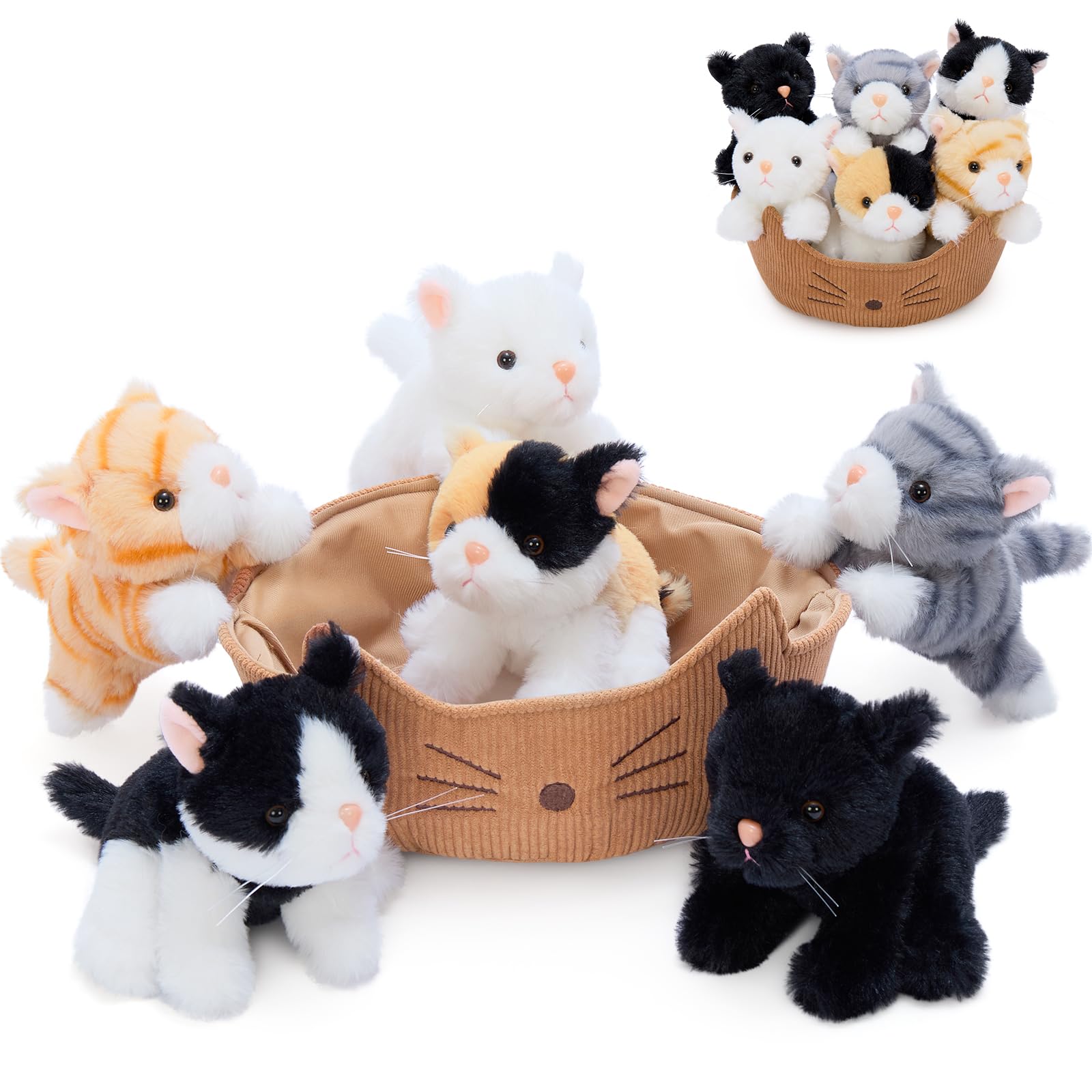 MorisMos 7pcs Cat Family Teddy Soft Toy, 25cm Cat House with 6 Little Plush Kittens, Lifelike Kawaii Kitty Stuffed Animal Presents for Kids Birthday Party Decorations