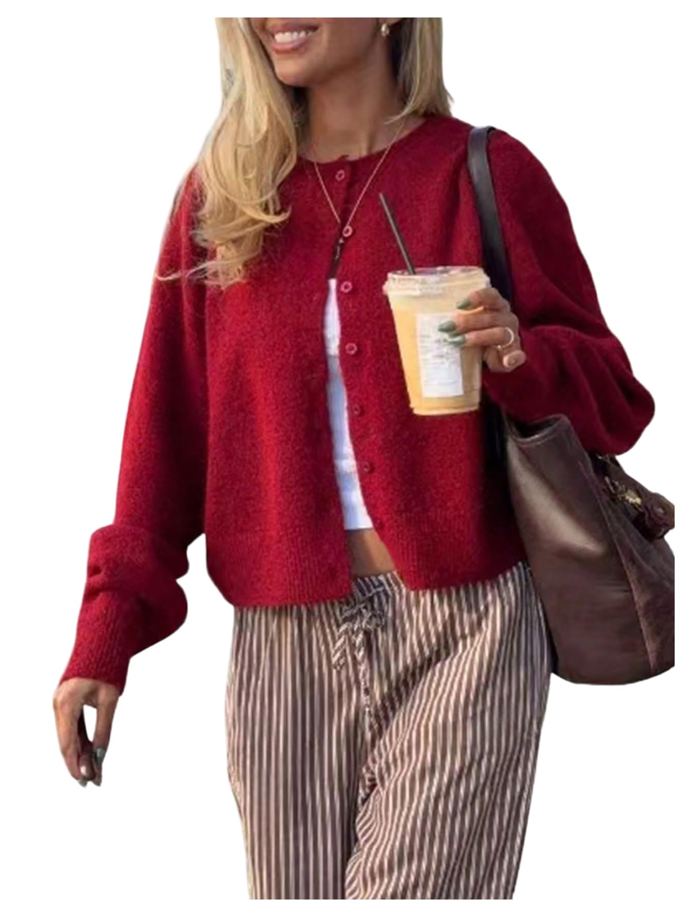 Floerns Womens Long Sleeve Knitted Cardigan Sweater Fall Crewneck Button Down Sweater