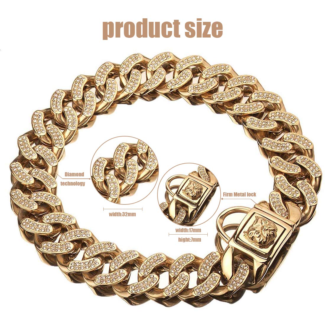 32MM Collar de Perro de Acero Inoxidable,Collar Perro,Oro Collar Perro,Collar Adiestramiento Perro,con Cierre Seguridad,para Perros Grandes/Medianos 20inch/51cm