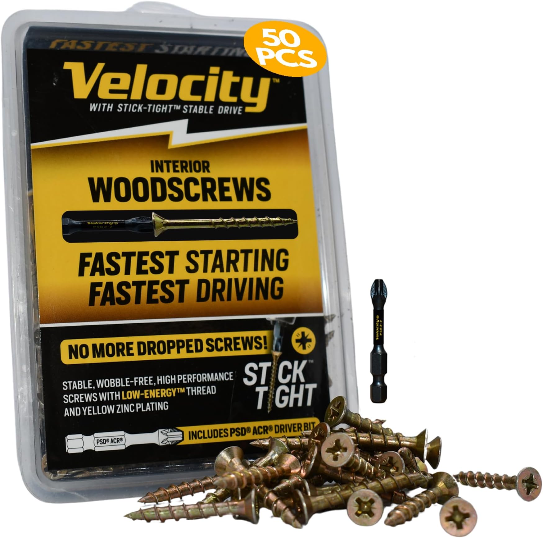 Velocity Interior Wood Screw DIY Pack – 50 Wood Screws, Carbon Steel Screws with Zinc Plating, Includes 1 PSD ACR Drive Bit and Stick-Tight Technology (Size #10x2 3/4, 50 Pieces)