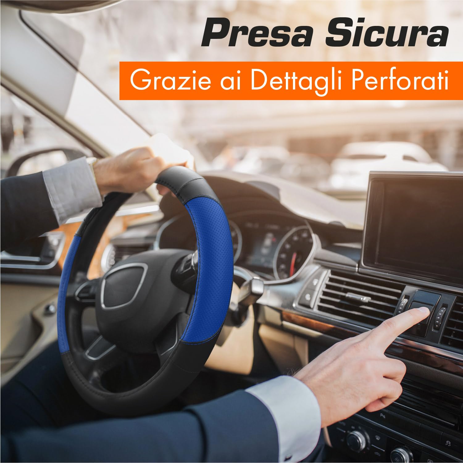 Upgrade4cars Coprivolante Auto Universale Nero Blu in Finta Pelle | Copertura di Volante Diametro 37-38 cm | Accessori Auto Interno | Regali per Donna e Uomo