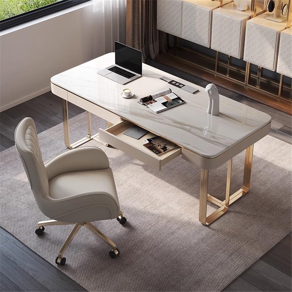 Proste nowoczesne biurko na laptopa do biura z kamiennym blatem i 2 szufladami, białe biurko studyjne ze stacją ładującą do pisania (XL)