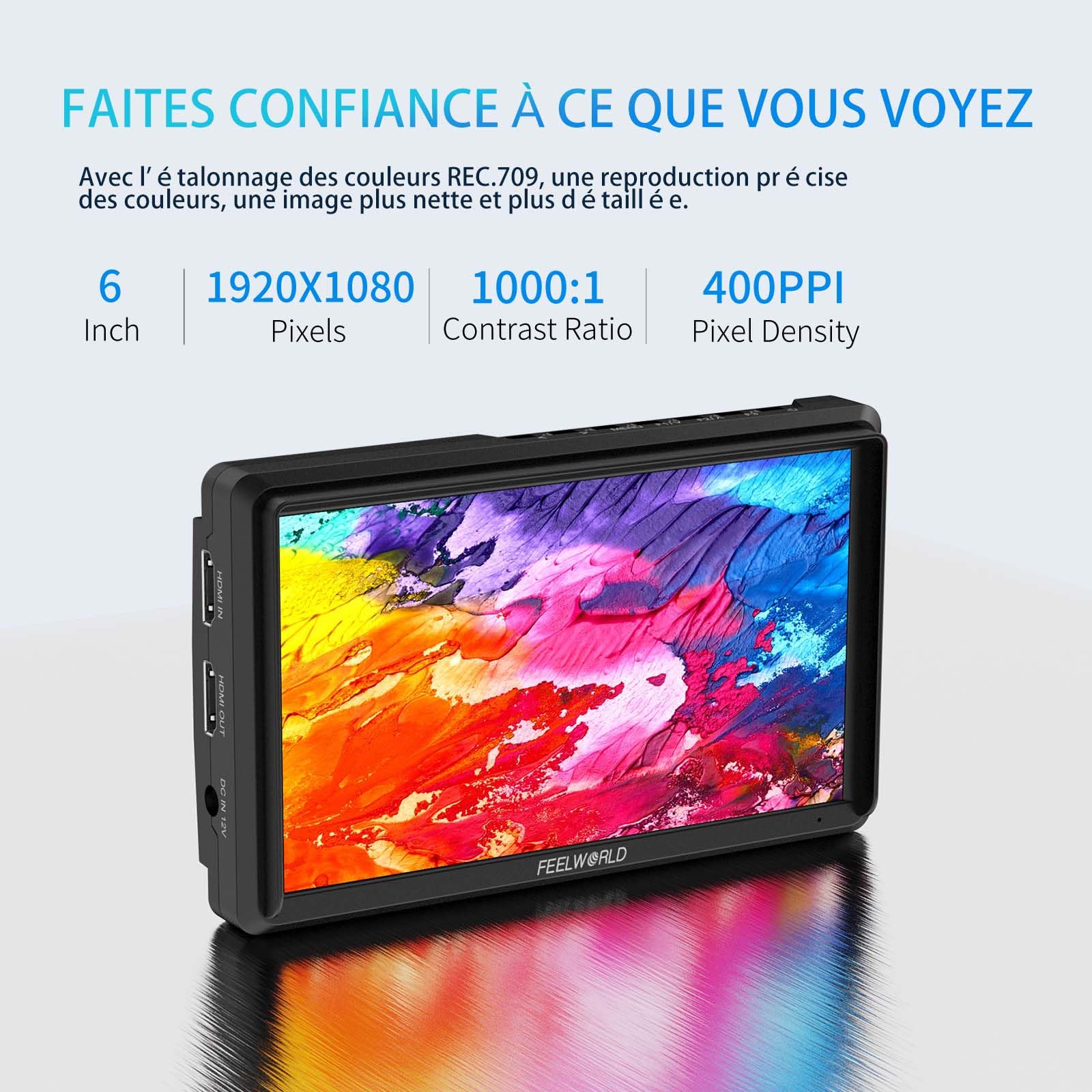 FEELWORLD FW568PRO Moniteur de Caméra 6 Pouces Écran IPS 1200Nits 1920x1080 Full HD Entrée/Sortie 4K HDMI avec 3D LUTs Vecteurscope Focus Peaking avec Pare-Soleil pour Appareil Photo DSLR et Gimbal