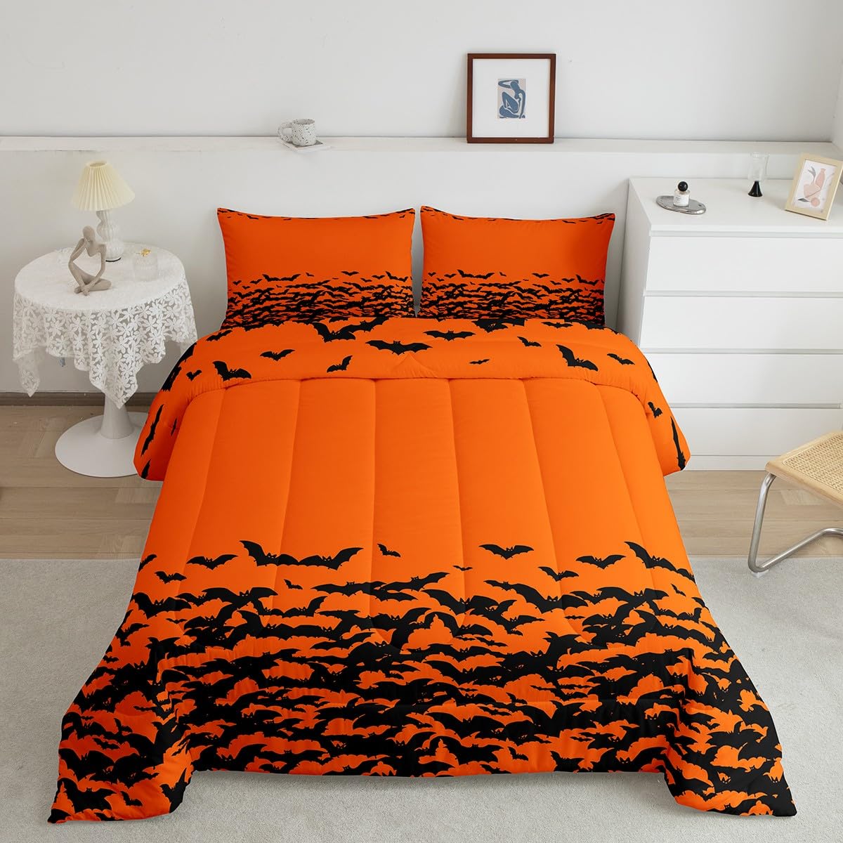 Erosebridal Bats Comforter Set Halloween Twin Size Bedding Set Black Orange Horror Wild Animals Bedding Comforter Sets Flying Mysterious Birds Wildlife Room Decor Duvet Insert for Kids Adults