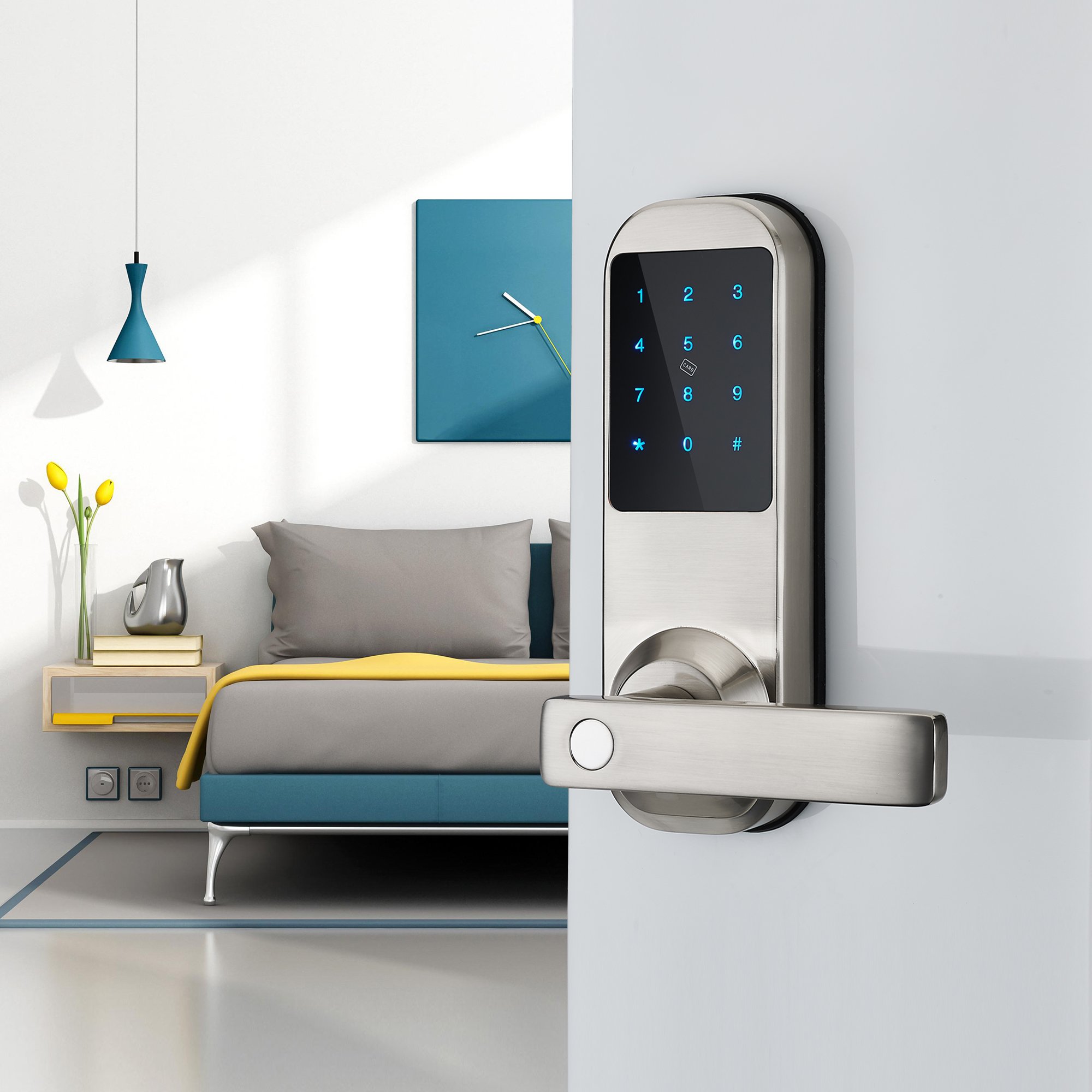 Serratura digitale Tastierino Bluetooth, sblocco con carta, codice, app (compatibile con Alexa) (HFAM10B-R), Nero