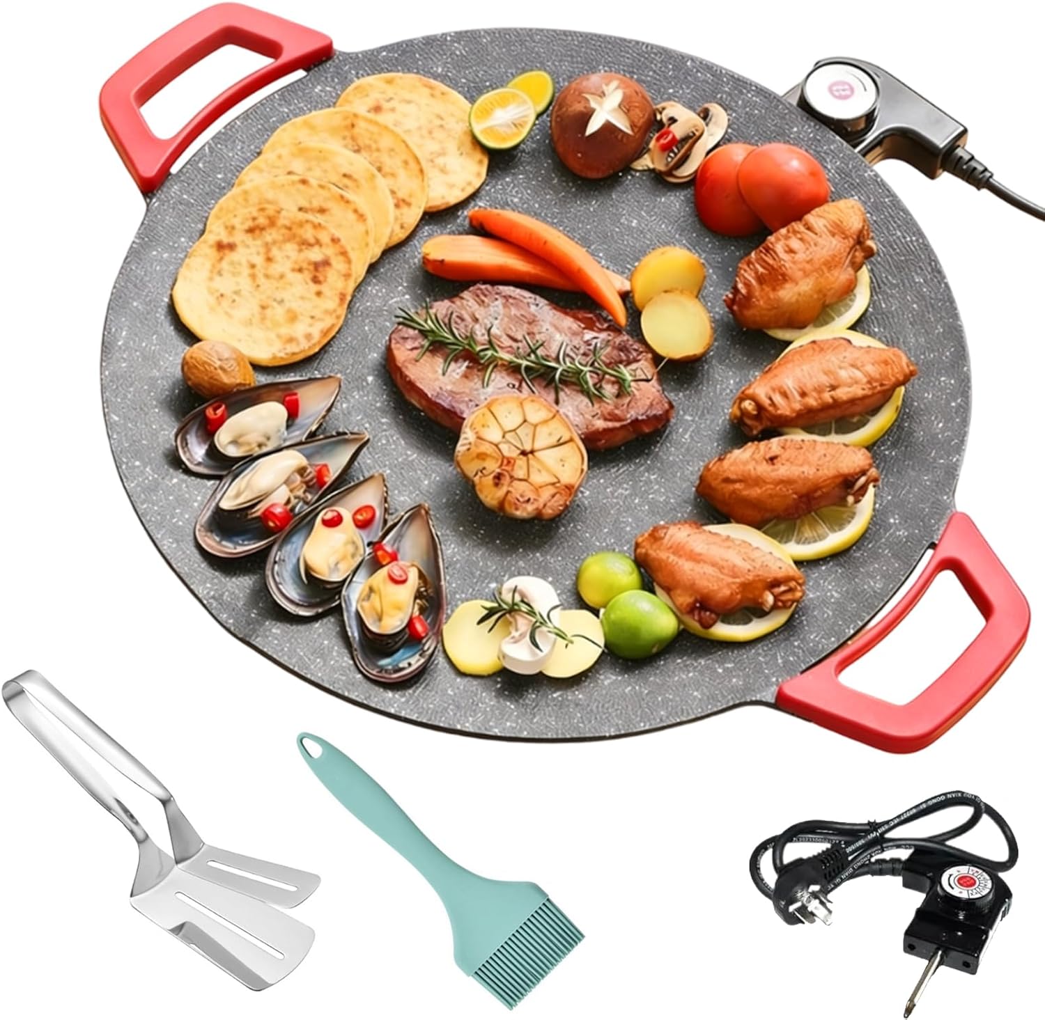 Comal Electrico Para Tortillas, Non-Stick Electric Indoor Grill Pan, Portable Electric Bbq Grill Indoor Smokeless Non-Stick Grill Pan Adjustable Temperature for Burgers, Bbq (40cm/15.75inch)