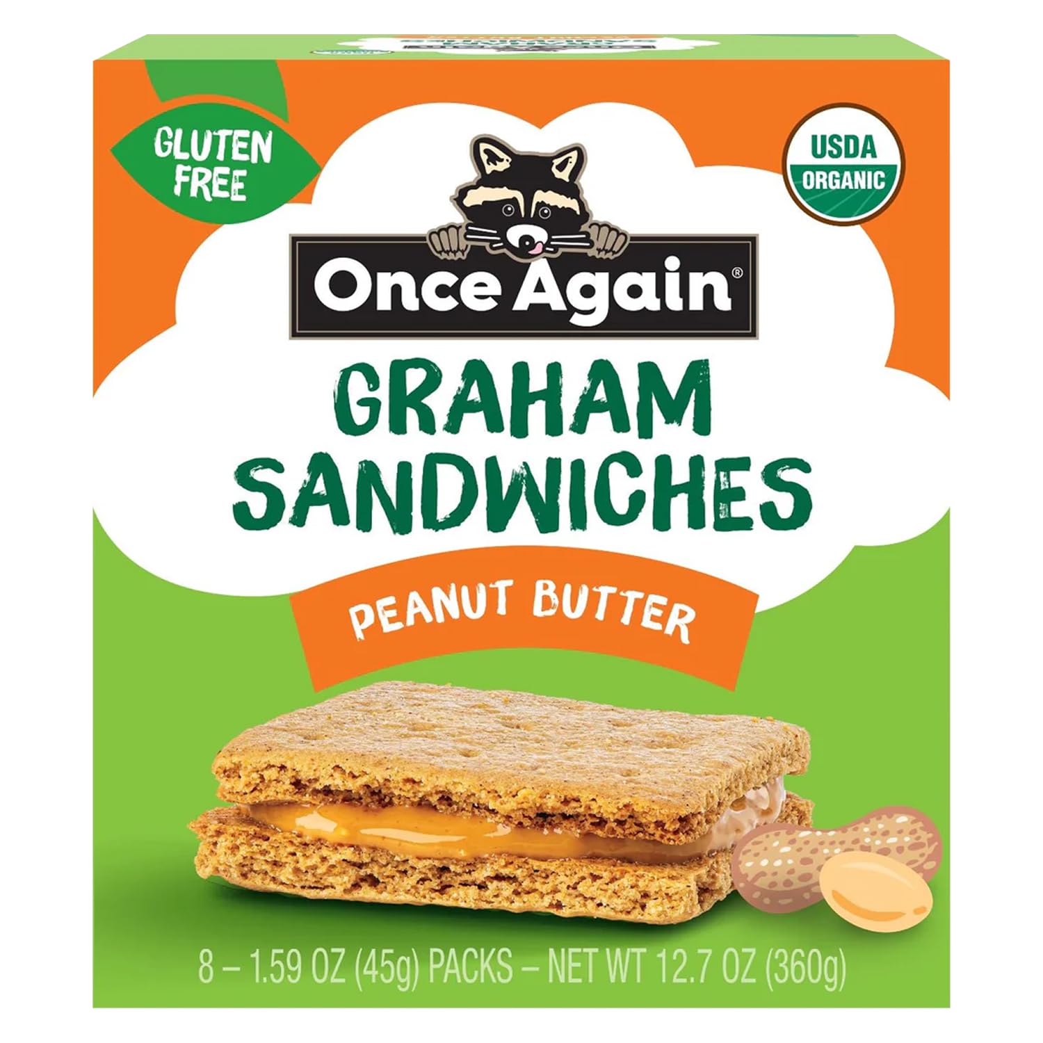 Once Again Peanut Butter Crackers Graham Sandwiches - Gluten Free Graham Crackers with Organic Peanut Butter Filling - Vegan, Organic Snacks for Kids - Lunch Snacks Individually Wrapped, 8 Count