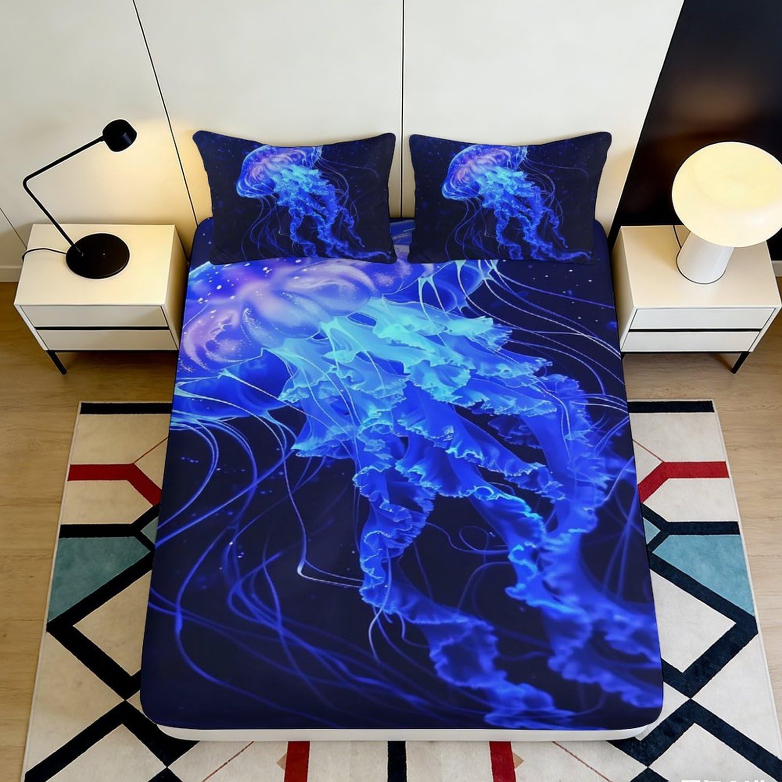 Pnayamiorkfel Style-5 3D Printed Blue Jellyfish Fitted Sheet Microfiber Soft Mattress Cover For Bedroom Guest Room Decor Anti-Dust Easy Care 90X200x25cm