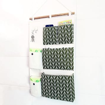 Wall Door Closet Hanging Storage Bag Organizer with 6 Pockets, Over the Door Magazine Storage Pockets with 2 Pothooks, Wall Hanging Storage Caddy Bag for Door, Wall, Closet, WardrobeGreen